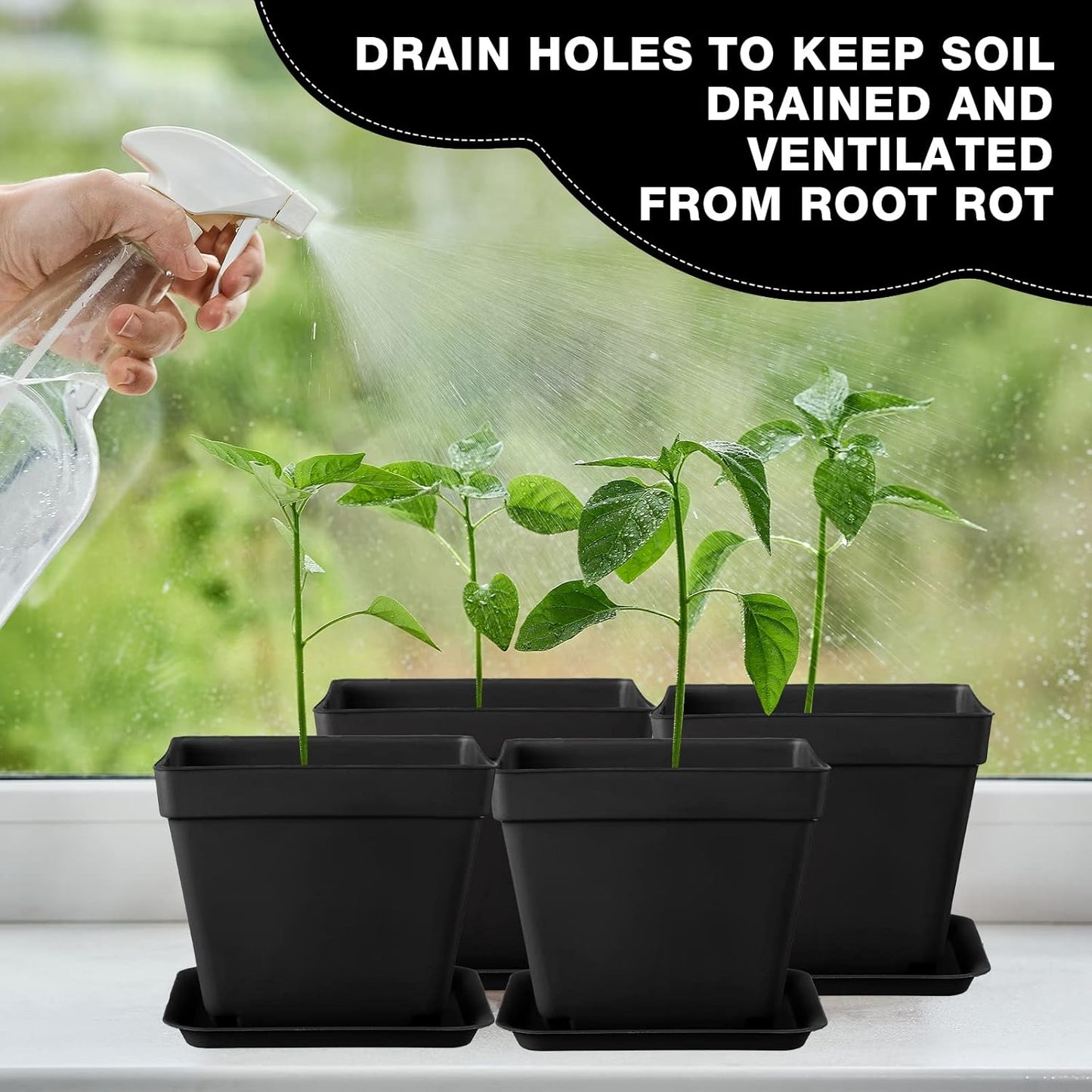 100 Pieces 4 Inch Flower Pots Square Plants Nursery Pot Plastic Plant Seedling Pots Nursery Transplanting Planter Container with Saucer for Indoor Herbs Succulents Balcony Garden Office (Black)