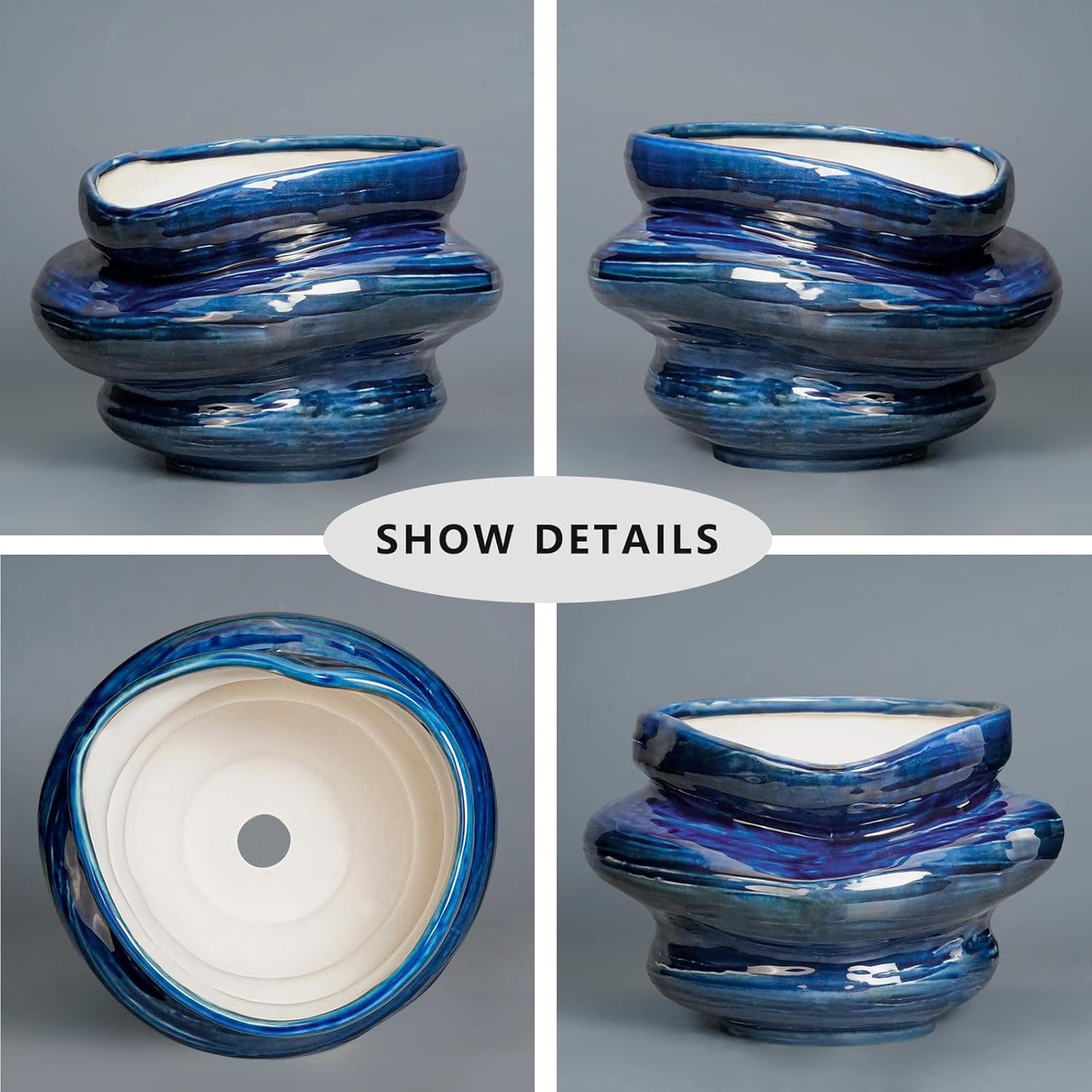 Ceramic Pots for Plants - 11 Inch Ceramic Planter with Drainage Hole, Decorative Planters for Indoor Outdoor, Unique Flower Pots, Garden Office House Decor, Birthday Housewarming Gifts, Blue