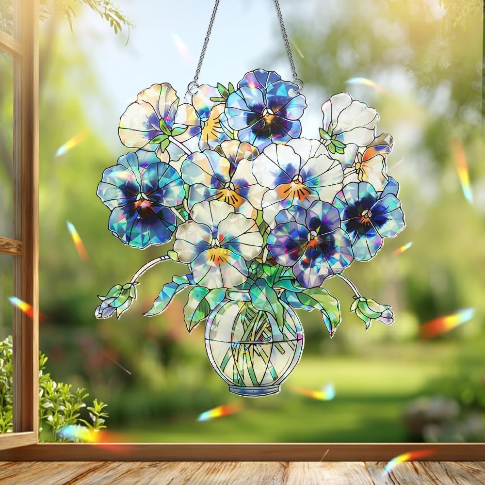 Acrylic Pansy Vase Suncatcher – Window Hanging Flower Ornament, Sun Catchers for Windows, Handmade Floral Home and Garden Decor Gift, Gift for Plant Lovers