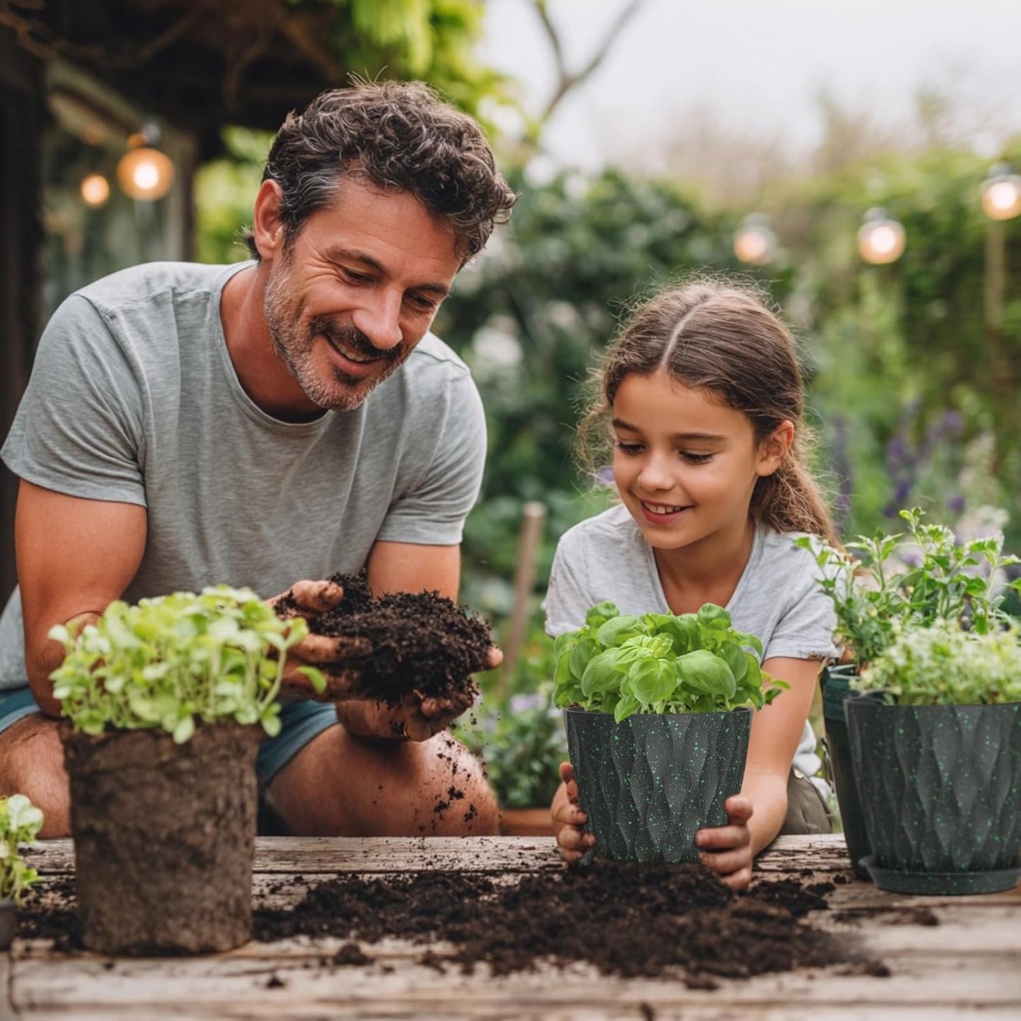 7 inch Plant Pots for Indoor Outdoor Plants, 5 Pack Thick Flower Pots with Drainage Holes and Saucers, 3D Modern Wave Texture Plastic Planter Nursery Pots, Black with Green Speckles