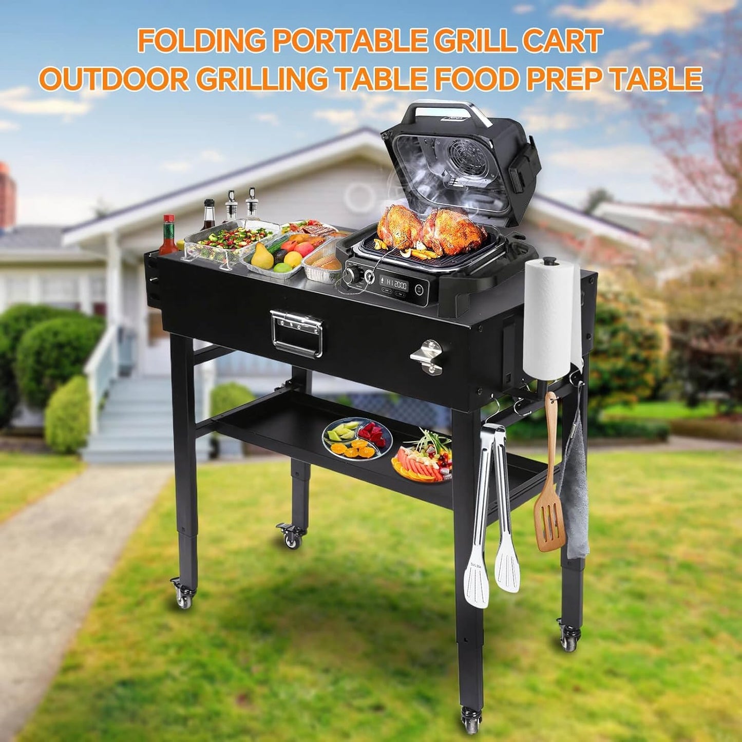 Grill Table for Ninja Woodfire OG700, Foldable Grill Cart for Blackstone, Weber, Ooni Pizza Oven, Upgraded Portable Outdoor Grill Stand, Adjustable Height, with Caddy, Paper Towel Holder, 4 Wheels
