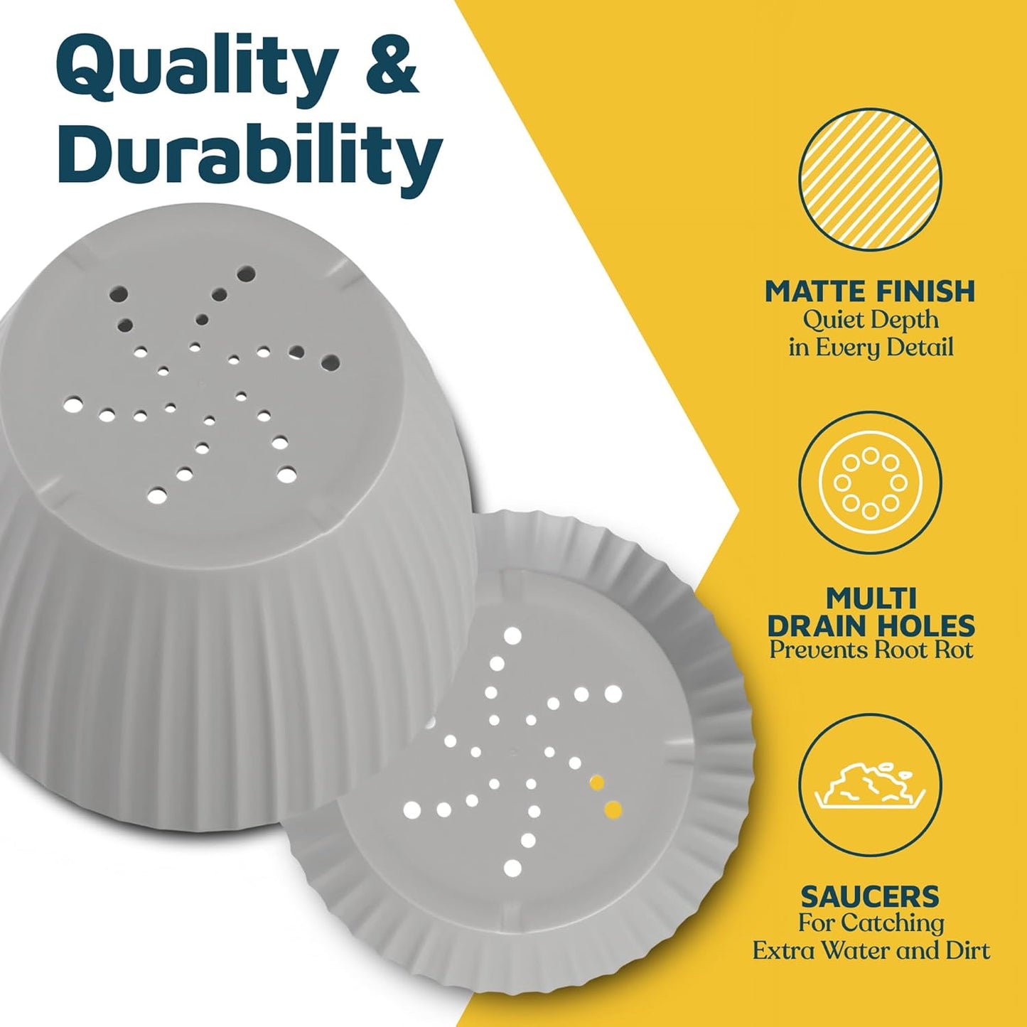 Gray 6-Inch Plant Pots with Drainage & Saucers 12 Pack, Indoor & Outdoor Planters for Houseplants, Herbs, and Flowers, Durable & Weatherproof Material, Stackable, Lightweight, Minimalist Design