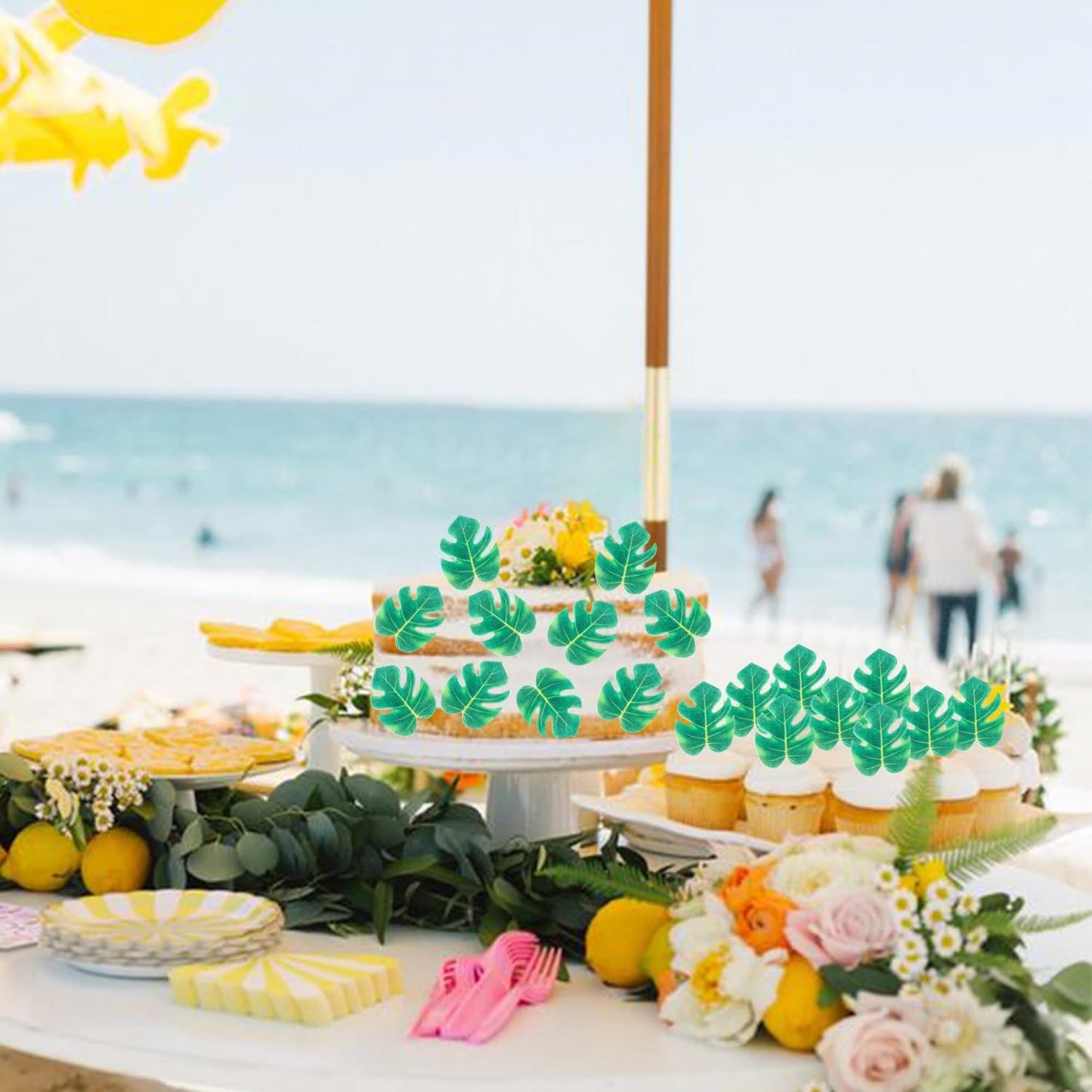 48 PCS Edible Tropical Turtle Leaves Cupcake Toppers Edible Wafer Paper Leaf Cupcake Picks Palm Leaves Cake Decorations For Hawaii Theme Baby Shower Birthday Jungle Party Cake Decoration Supplies
