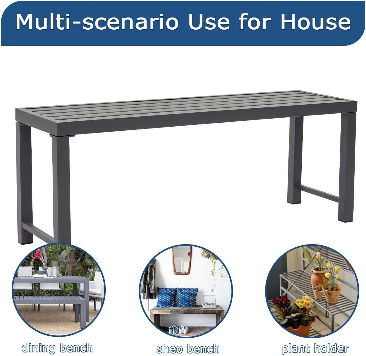 46" Outdoor Metal Backless Bench, All-Weather Patio Garden Bench for Backyard, Porch, or Lawn, Durable Steel Bench for Outdoor Spaces, Grey