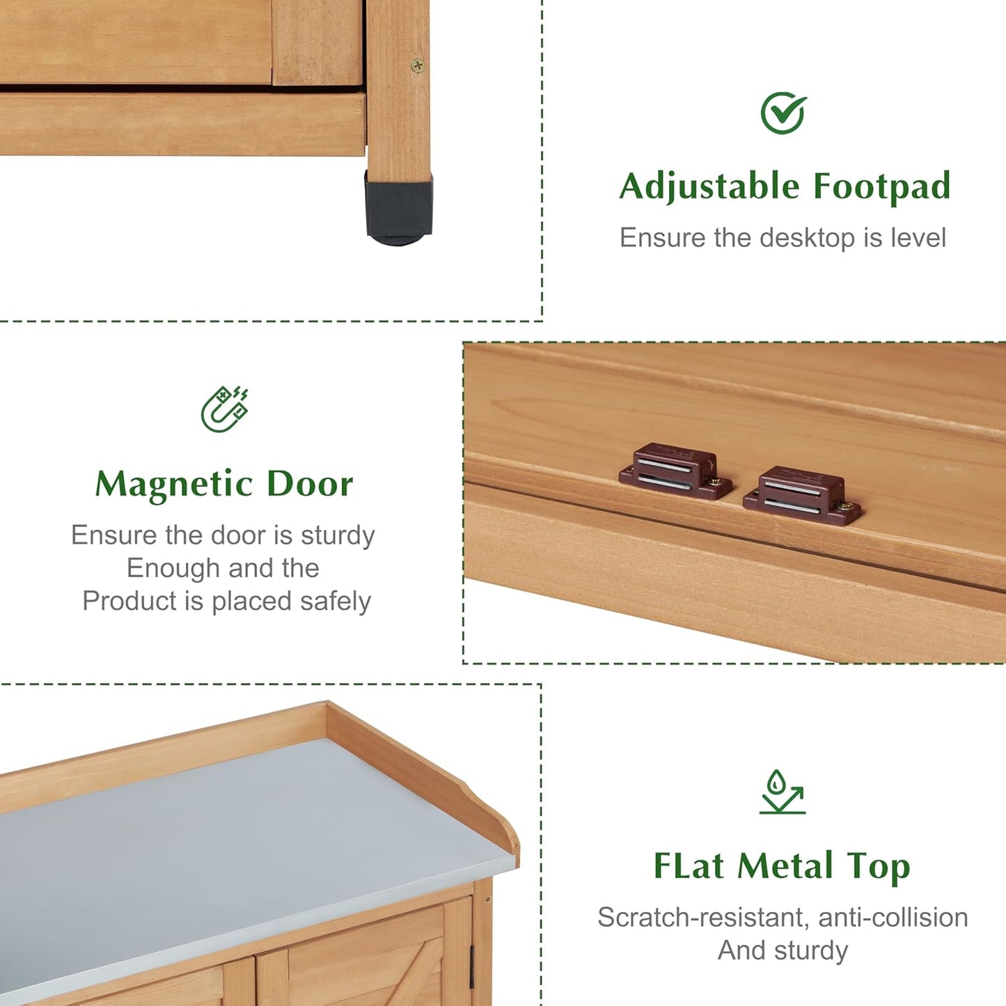 Outdoor Storage Cabinet & Potting Bench Table with Metal Top, Wooden Patio Furniture, Garden Workstation (Light Brwon, 39x31.5x17in)