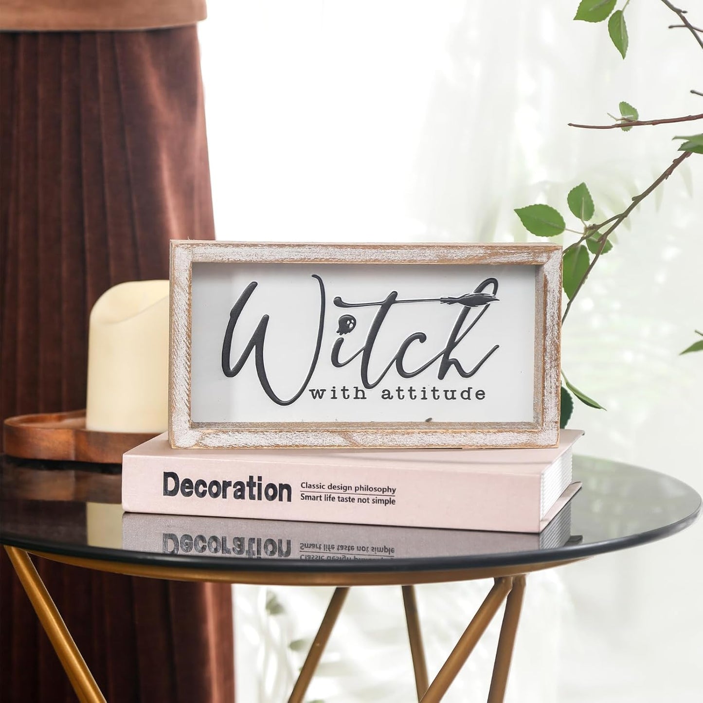 Embossed Witch Sign, Farmhouse Halloween Decorations Indoor, Vintage Halloween Tiered Tray Decor, Funny Spooky Halloween Centerpieces for Table Cubicle Desk Mantel Fireplace