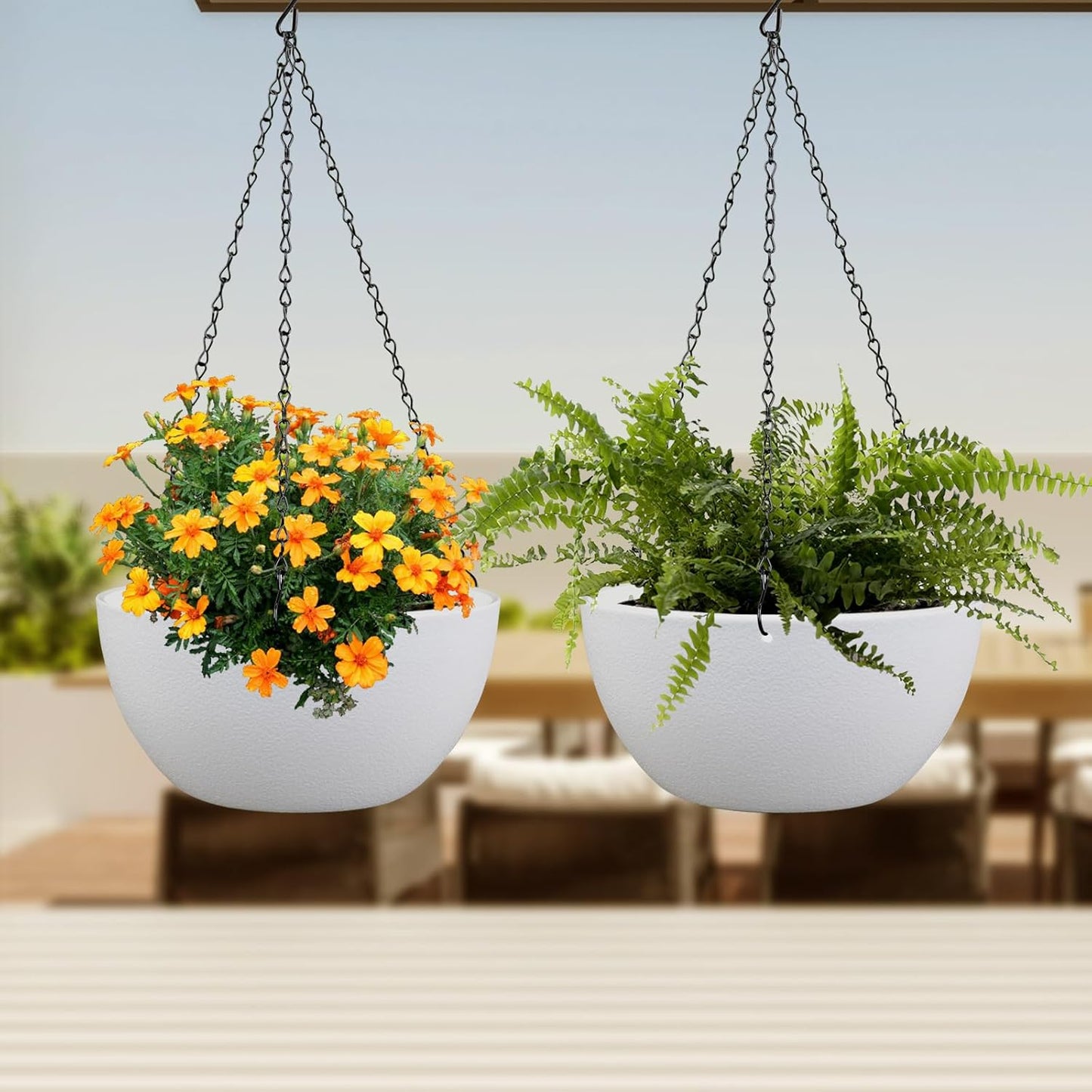 12 inch Large Hanging Planters for Indoor Outdoor Plants, 2 Pack Hanging Flower Pots with Drainage Holes and Chain for Garden Porch, Plastic Hanging Baskets for House Plants, White
