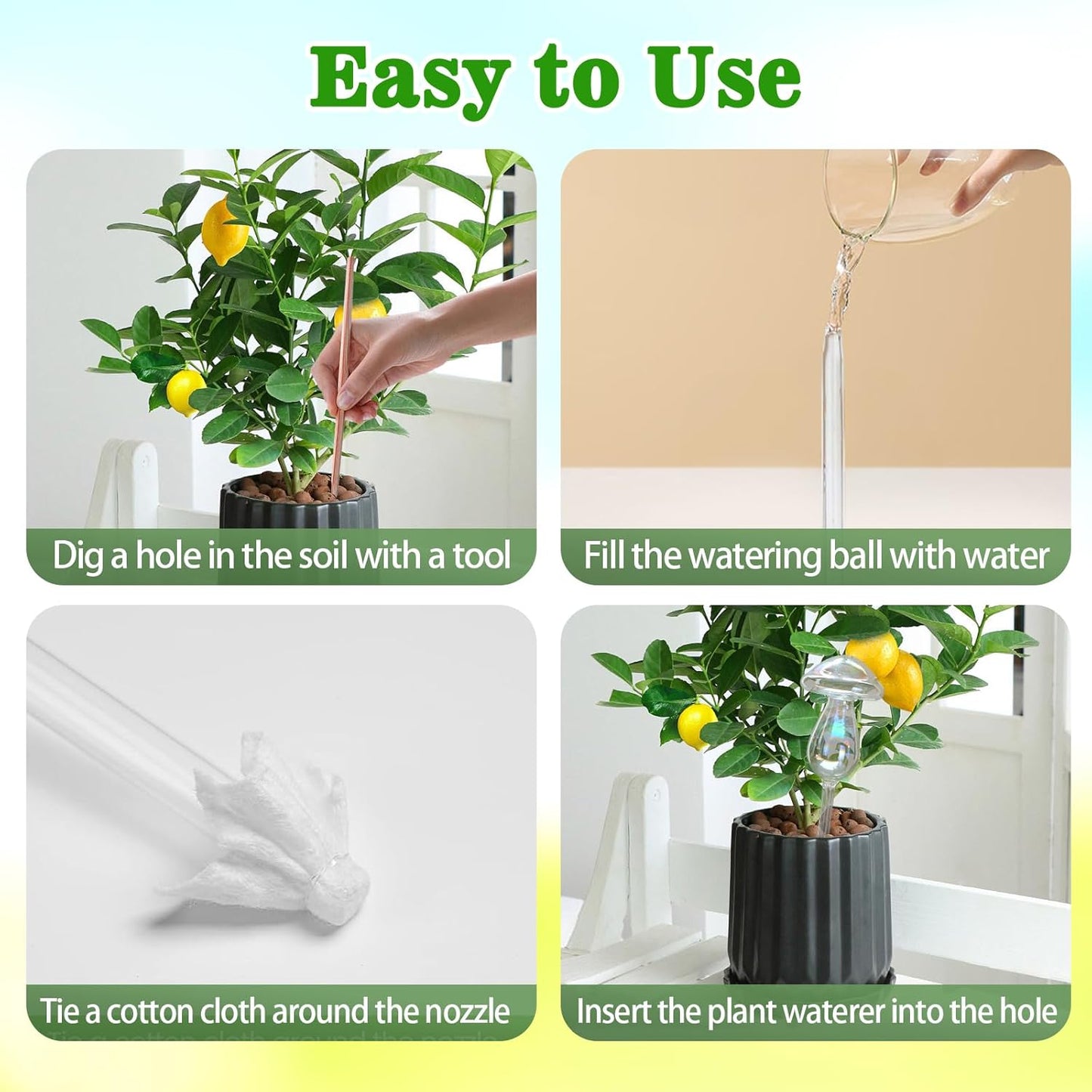 Plant Watering Globes, 4PCS Iridescent Rainbow Gradient Color Clear Glass Mushroom Self Watering Spikes Planter Insert, Automatic Plant Waterer Bulbs Devices for All Plants 9" L × 3.5" D