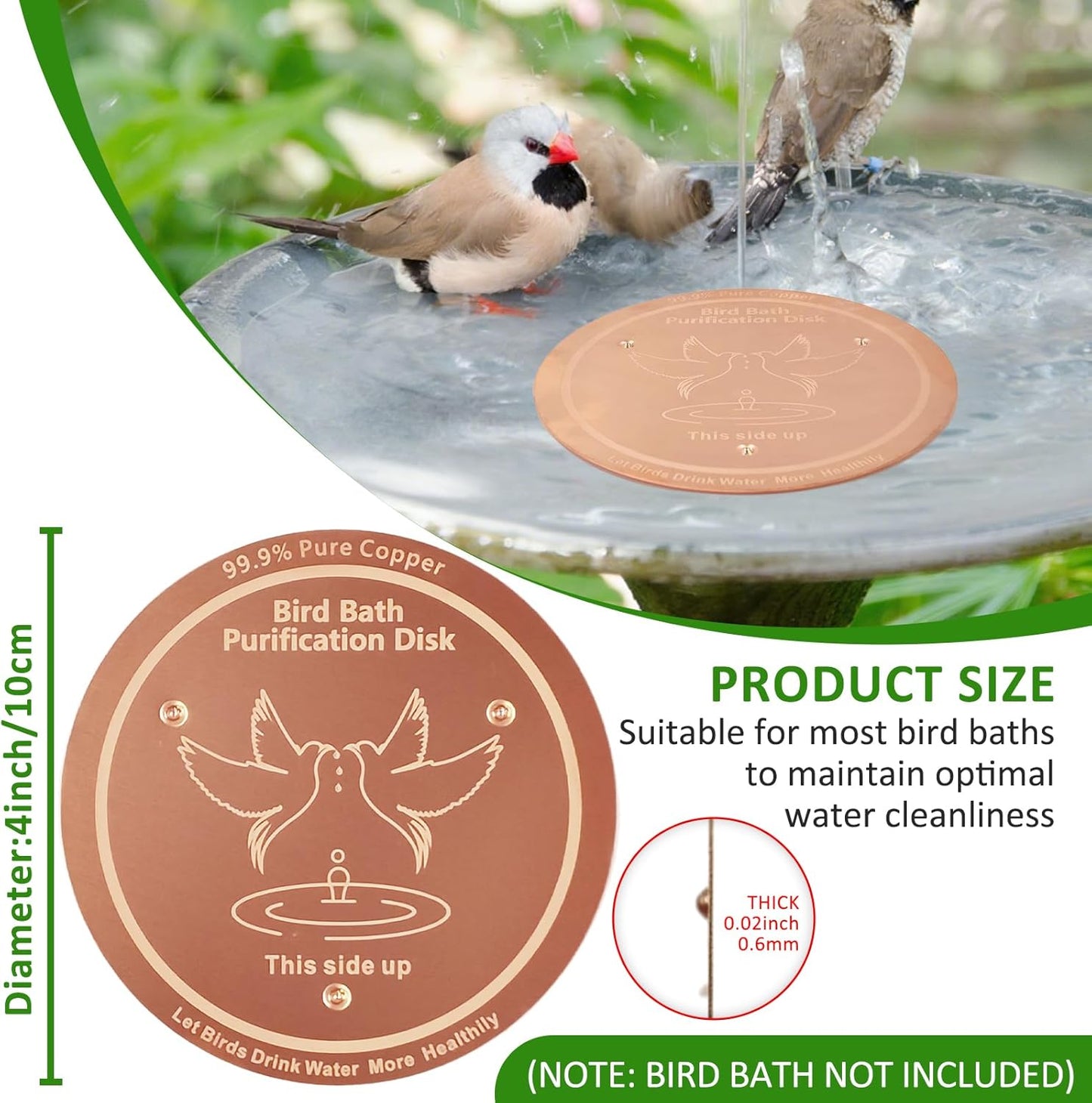 Bird Bath Copper Disk, 99.99% Pure Copper with Triple-Point Support, Physical Safe Clean Water for Outdoor Birdbaths & Bowls, All-Season Use, Reinforced Design