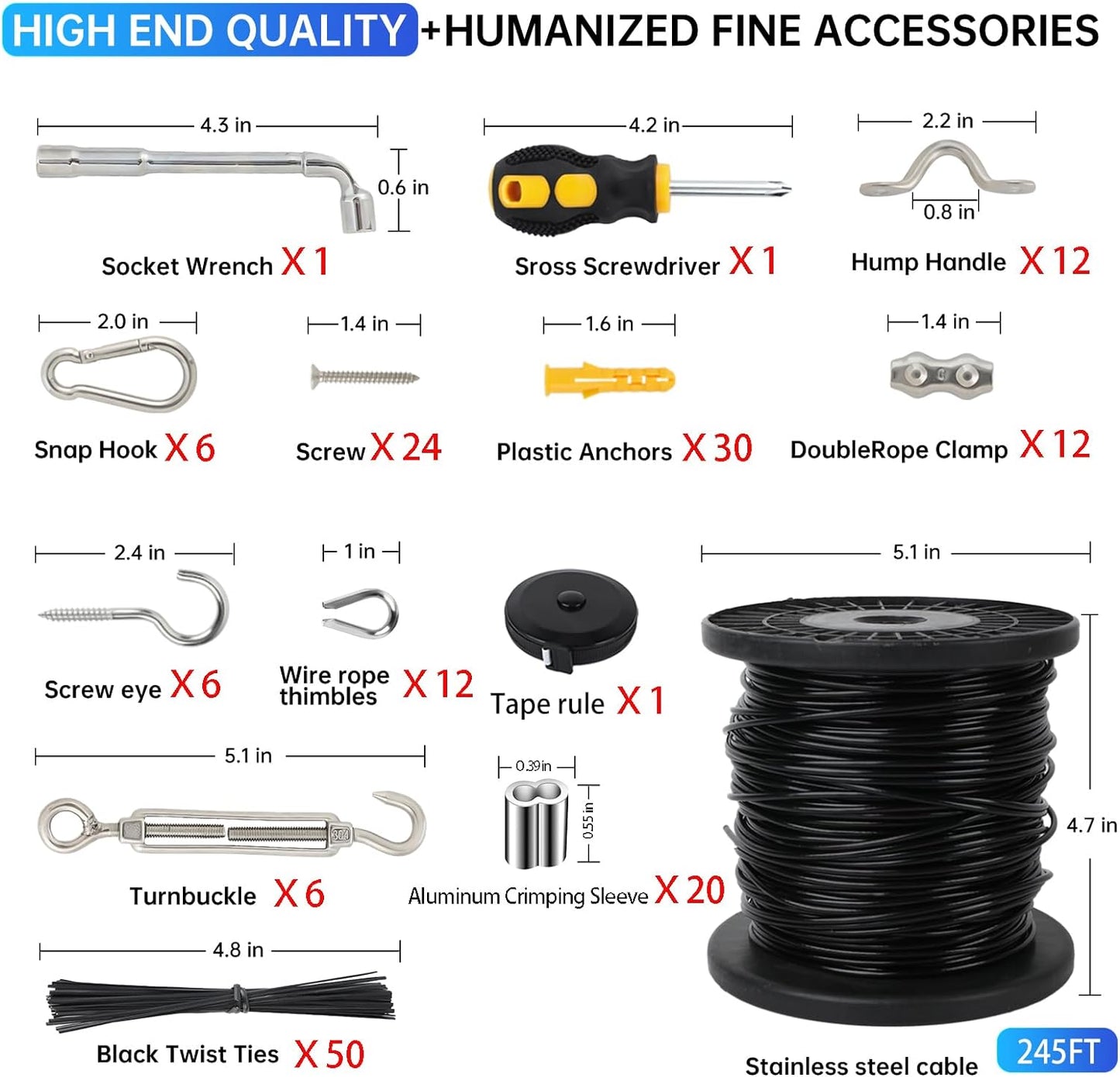 246FT Black Vinyl Coated 304 Stainless Steel Wire Rope Cable Kit – Heavy Duty Outdoor String Light Hanging Guide Wire with M5 Turnbuckle for Patio, Garden, Christmas Lights