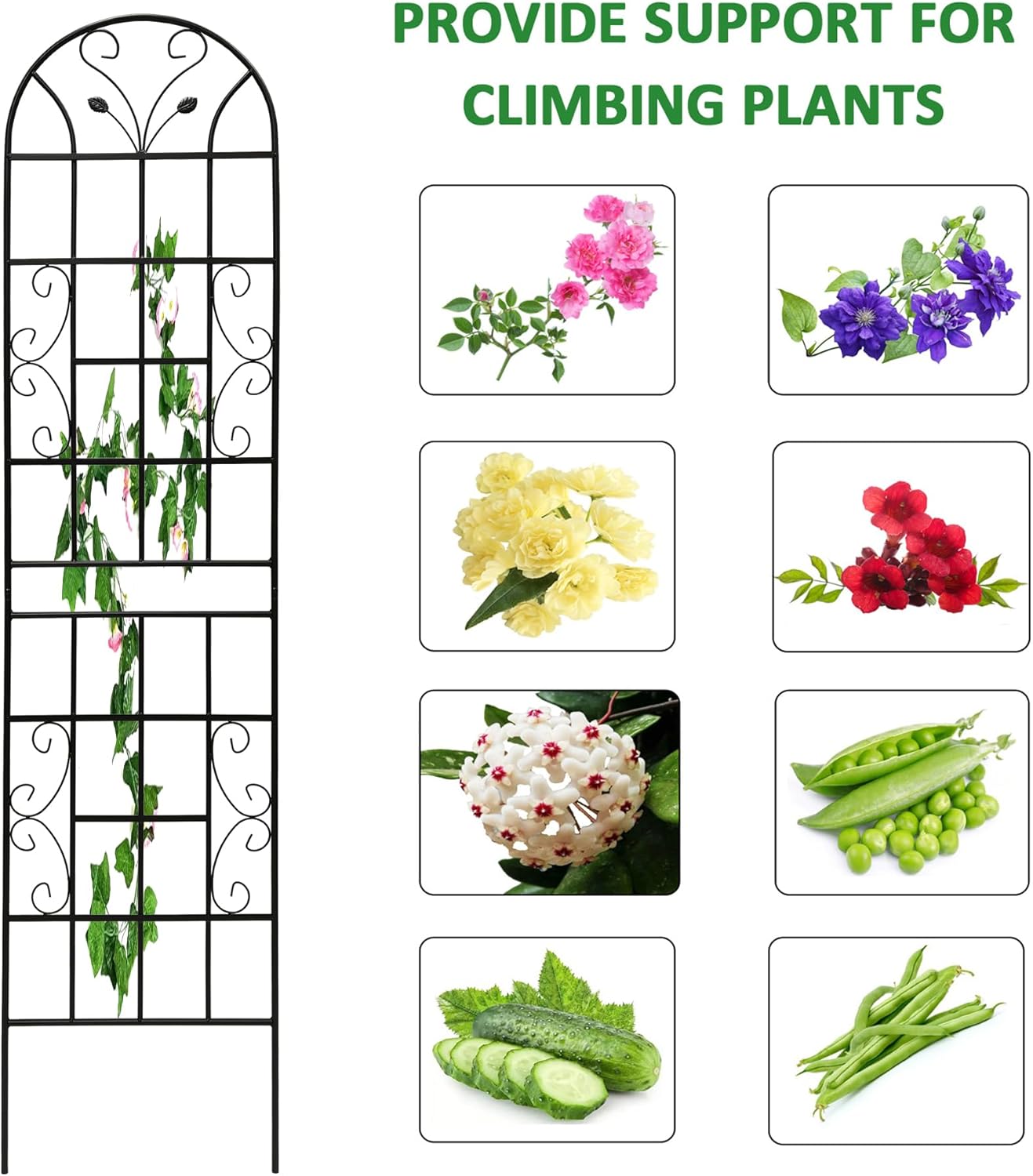 6 Pack Metal Garden Trellis for Climbing Plants, 86.7" Tall Rustproof Outdoor Trellis Panel with Vine Lines Design, Decorative Black Iron Plant Support for Vine, Rose, Flower, Garden Wall