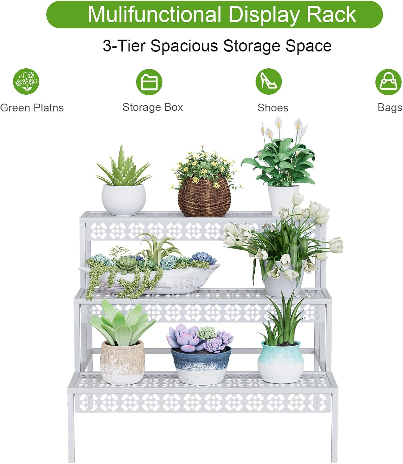 Garden 4 you 3 Tiers Metal Plant Stand,Rectangular Ladder Flower Pots Outdoor Plant Rack, Indoor Plant Display Rack, Heavy Duty Utility Storage Organizer for Home Garden Patio Balcony, Stair Style(White)