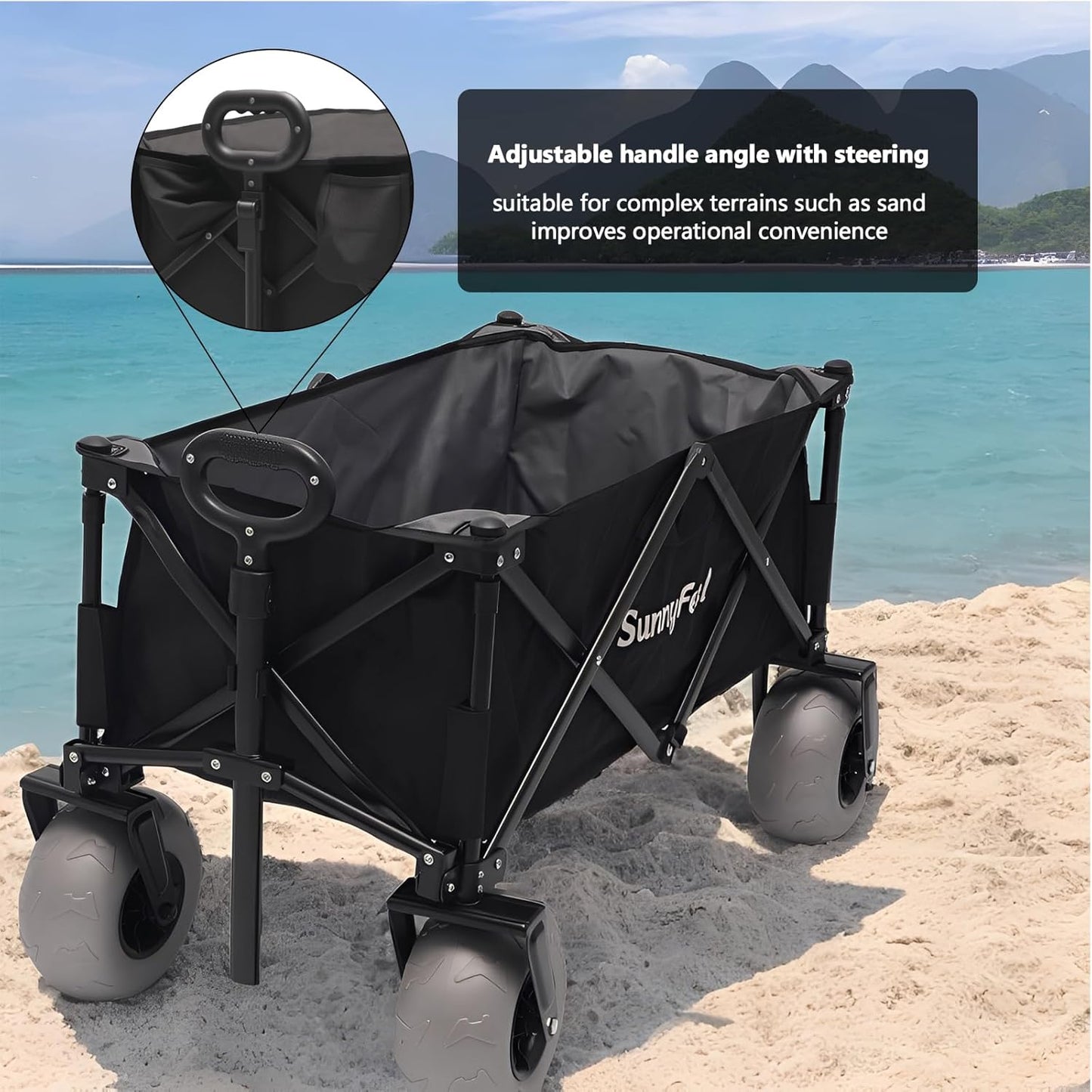 SUNNYFEEL 41''L 550lbs Heavy Duty Beach Wagon with 9" Balloon Tires, 200L Fold Up Wagon Cart Foldable with Side Pocket and Brakes for Camping Sports Garden Shopping (Black)