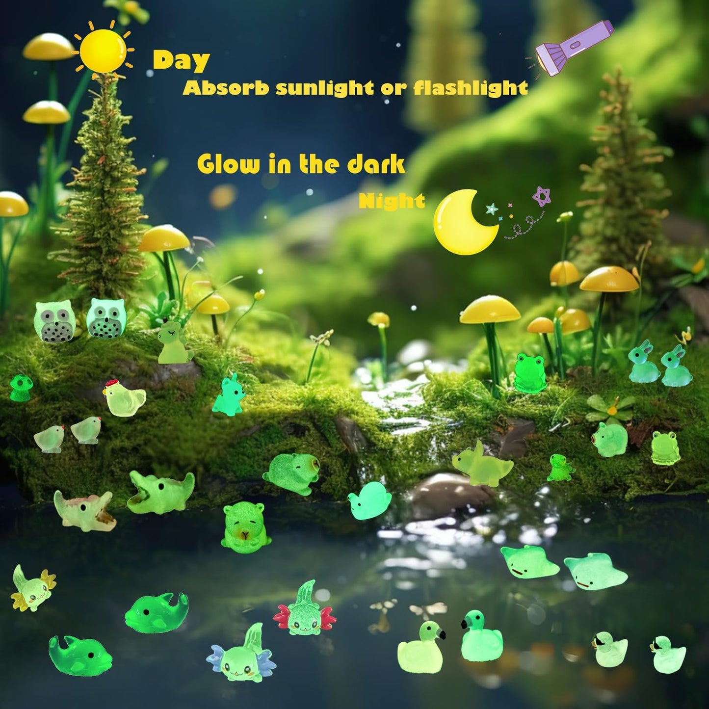 150 Pcs Luminous Mini Resin Animals Miniature Animals Figurines Tiny Little Animals Glow in Dark Small Animal Figures to Hide Mini Animals Micro Landscape Ornaments Fairy Garden Accessories