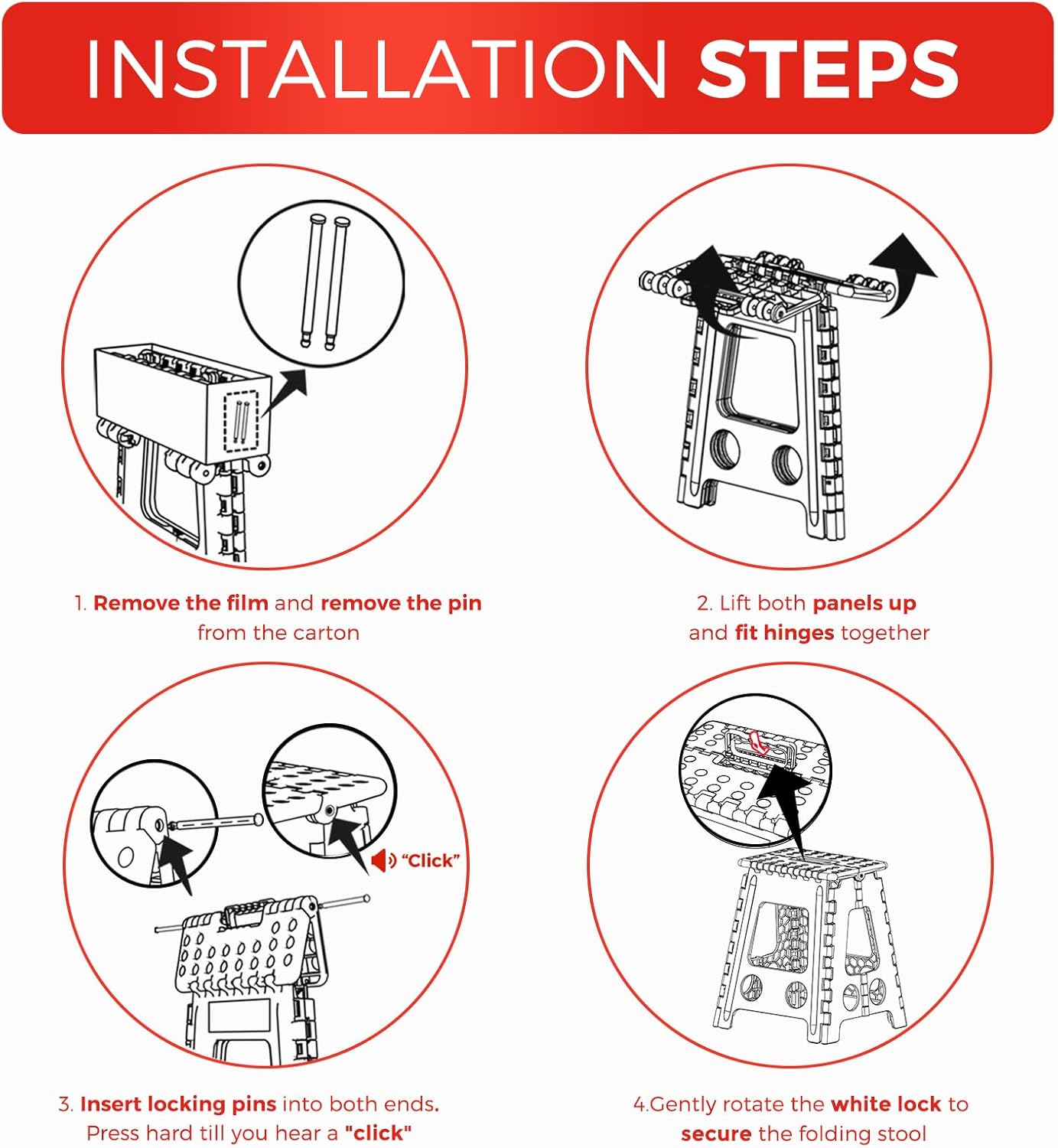 ACKO Folding Step Stool Foldable 16 Inch 400 lbs Capacity, Plastic Stools for Adults and Kids, Collapsible Stools for Kitchen, Stepping Stool with Handle (White)
