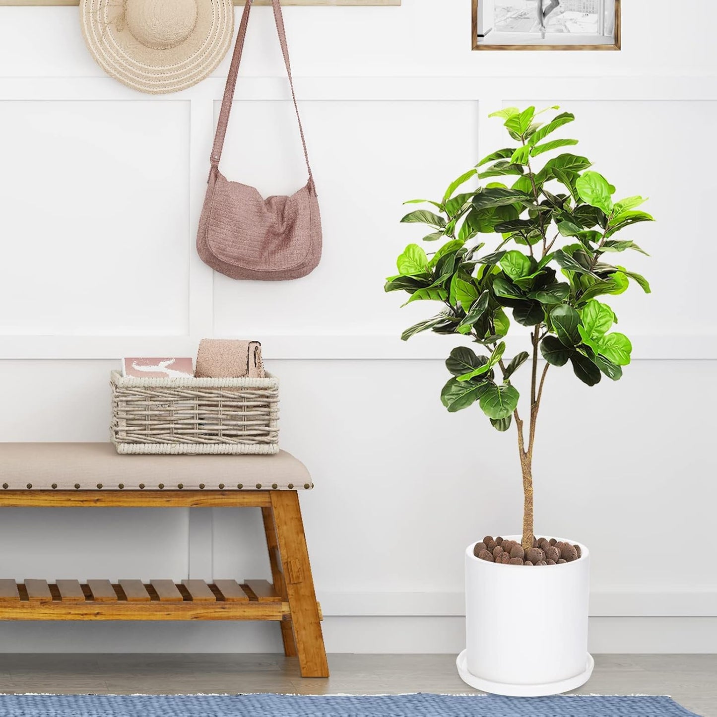 Plant Pots 10 Inch Ceramic Planter with Drainage Hole and Saucer, Matte White Modern Cylinder Planter Pot for Indoor Outdoor Plants Flowers, Full Glazed Finish