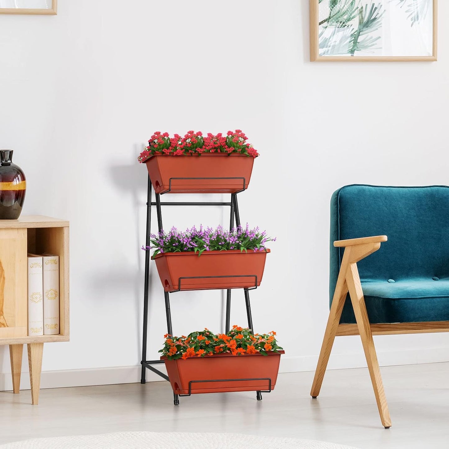 Vertical Raised Garden Bed Outdoor 3 Tiered Garden Planters Standing Elevated Planter Box with Drainage Holes for Plants Herbs Flowers Vegetables Brick Red