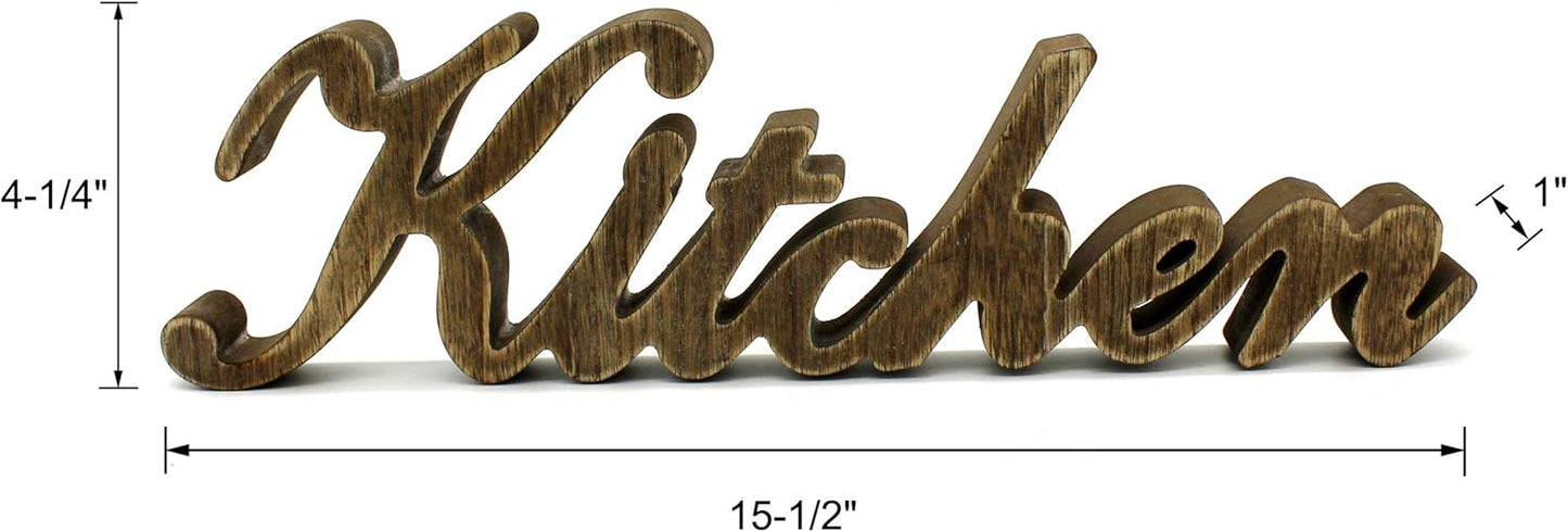CVHOMEDECO. Rustic Vintage Distressed Wooden Words Sign Free Standing "Kitchen" Desk/Table/Shelf/Door/Home Wall Decoration Art, 15-1/2 x 4-1/4 x 1 Inch