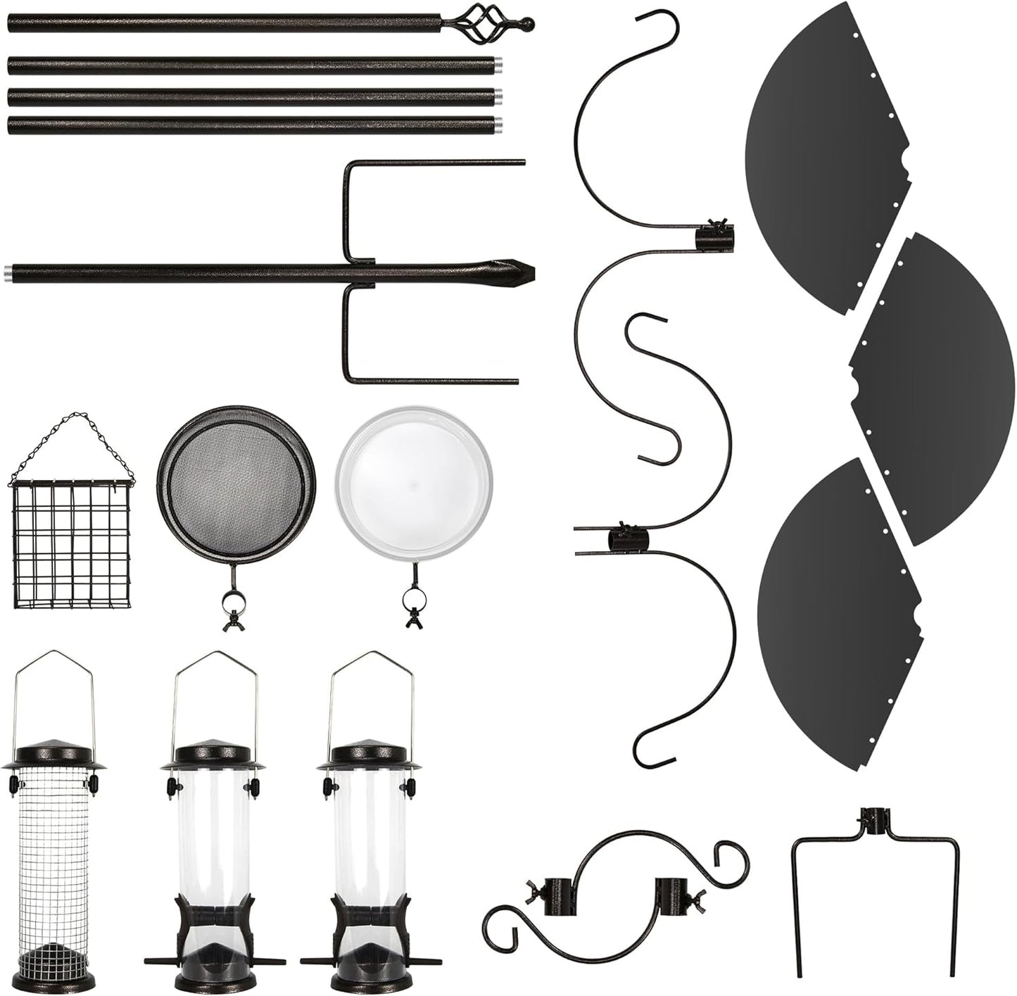 6-Hook Bird Feeding Station, Steel Multi-Feeder Kit Stand for Attracting Wild Birds w/ 4 Bird Feeders, Bird Bath, Mesh Tray and Squirrel Guard Baffle,94 Inch