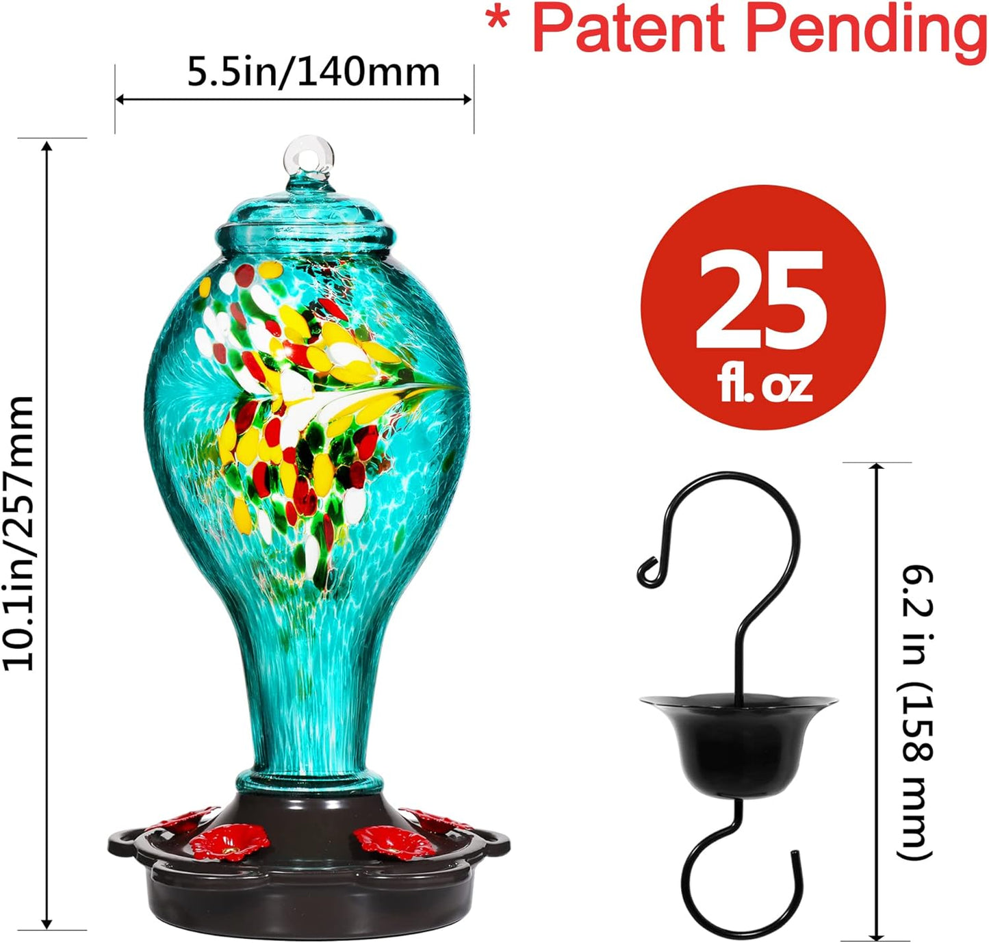 LUJII Hummingbird Feeder for Outdoors, Hand Blown Glass Humming Bird Feeder, Anti Fade Leakproof with 25 Ounces Nectar Capacity, Easy to Install Clean Refill, Include Hook & Ant Moat (Teal)