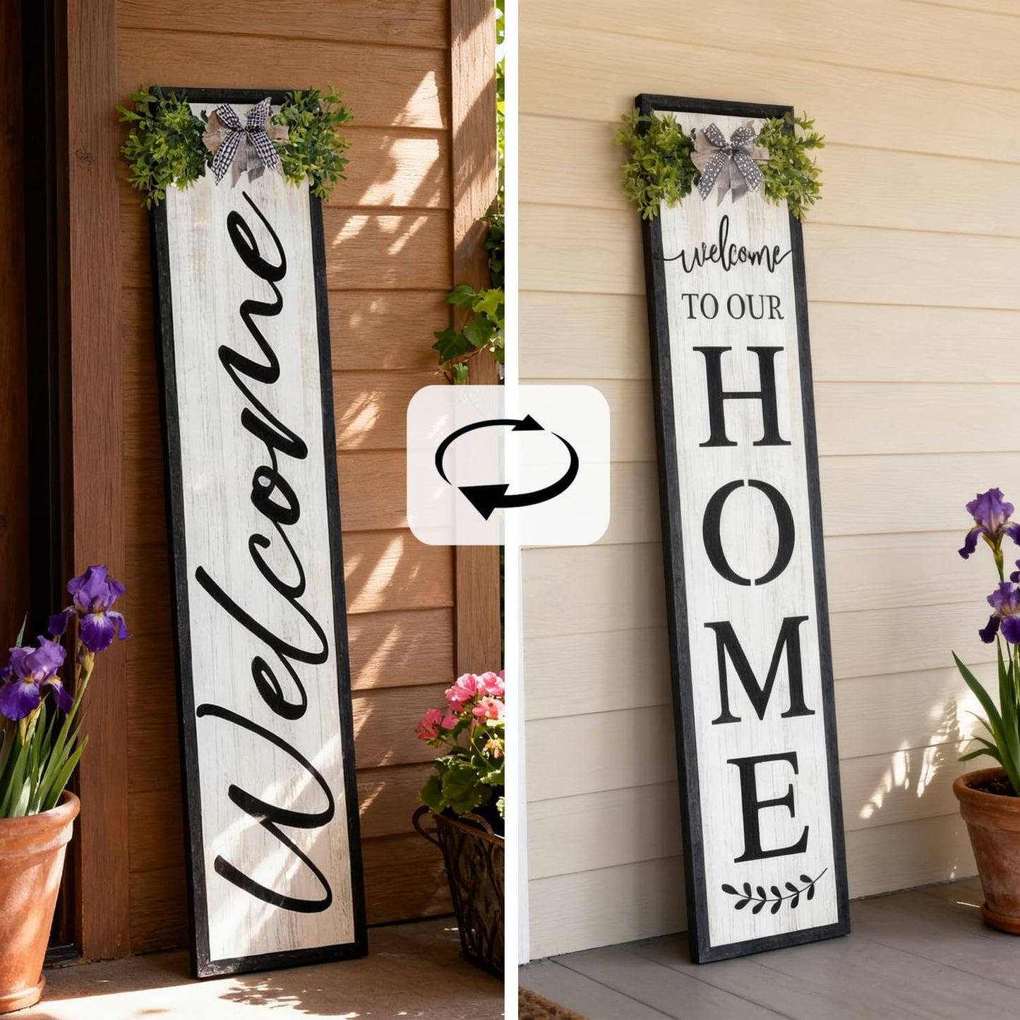 Double-sided Welcome to Our Home Wooden Sign Stand with Magnetic-adhesive Wreath for Front Door, 47" Vertical Farmhouse Welcome Porch Sign, 2in1 Large Tall Porch Leaner Decor for Outdoor Patio Garden