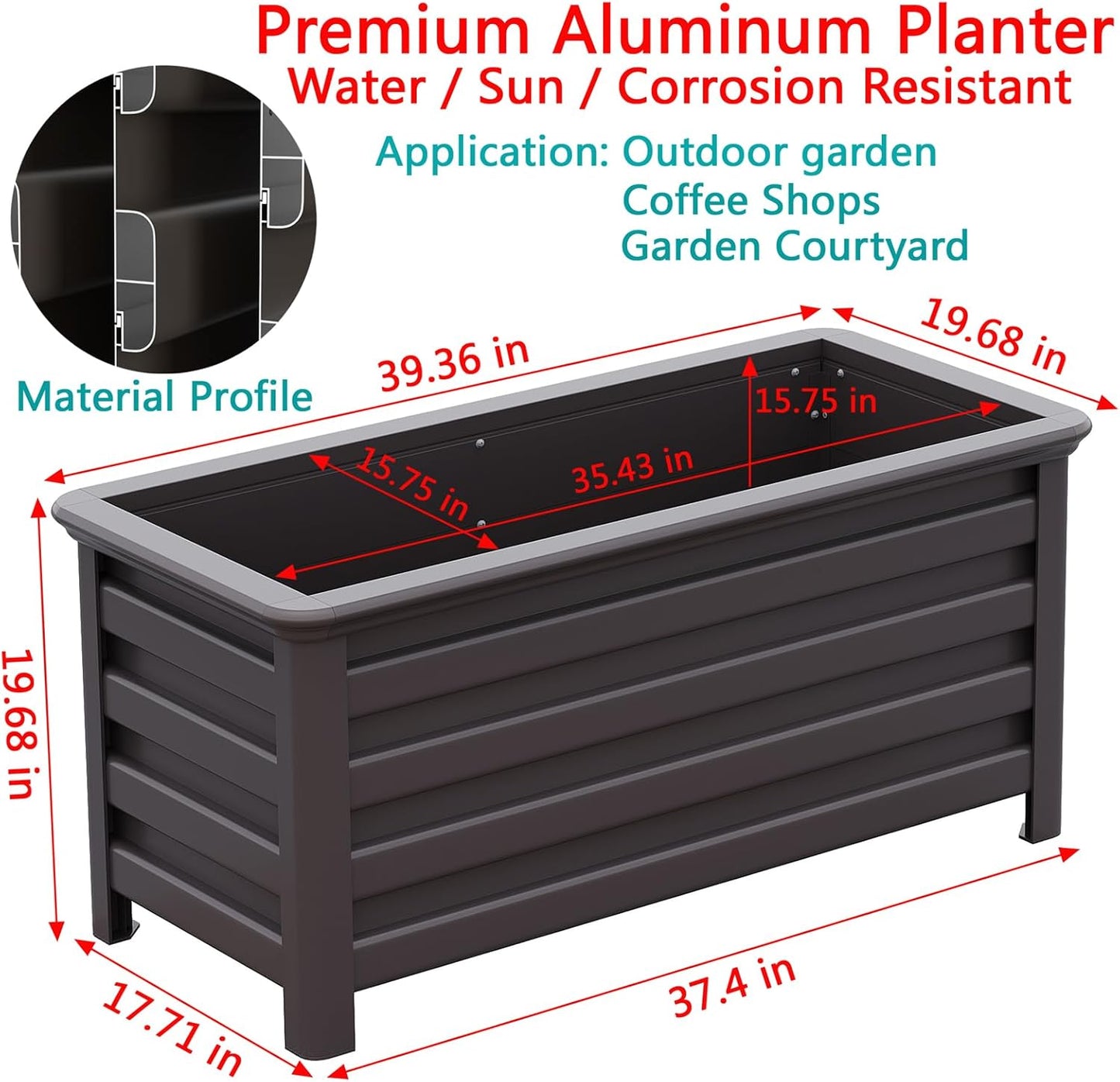 Aluminum Rectangular Outdoor Planter 39.36" Long Box Planter for Patio Porch Indoor Outdoor Weather-Resistant Large Planters with Drainage Hole for Flowers, Dark Brown, 19.68"D x 39.36"W x 19.68"H