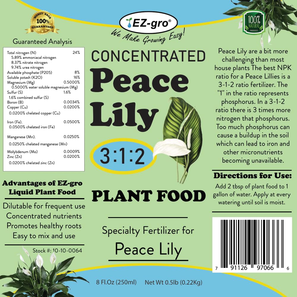 EZ-GRO Peace Lily Fertilizer for Indoor Plants - Concentrated Liquid Plant Food with The Ratio of 3 1 2 NPK Fertilizer | Perfect for Indoor Plant Food, 8 Fl.Oz (250 ml)