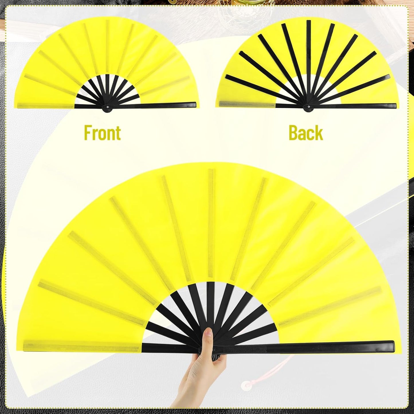 Maitys 2 Packs Large Clap Fans for Line Dancing Large Chinese Folding Hand Fans for Men and Women, Festival, Tai Ji, Kungfu, Martial Art, Gifts (Yellow)