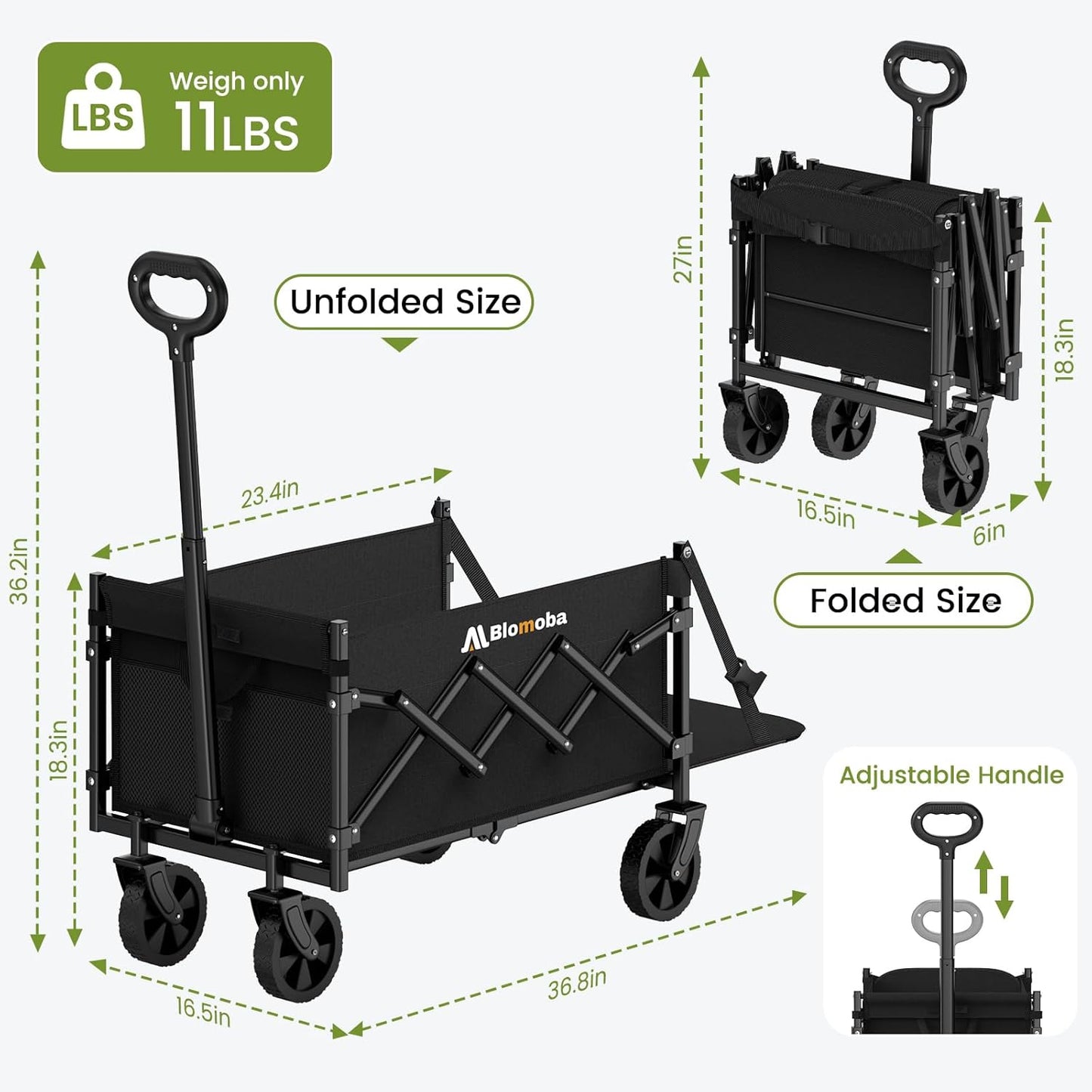220LBS Foldable Wagon with All-Terrain Wheels, Portable Wagon Cart with Extended Tailgate, Adjustable Handle, Utility Cart for Camping, Shopping, Garden, Sports, Grocery, Black