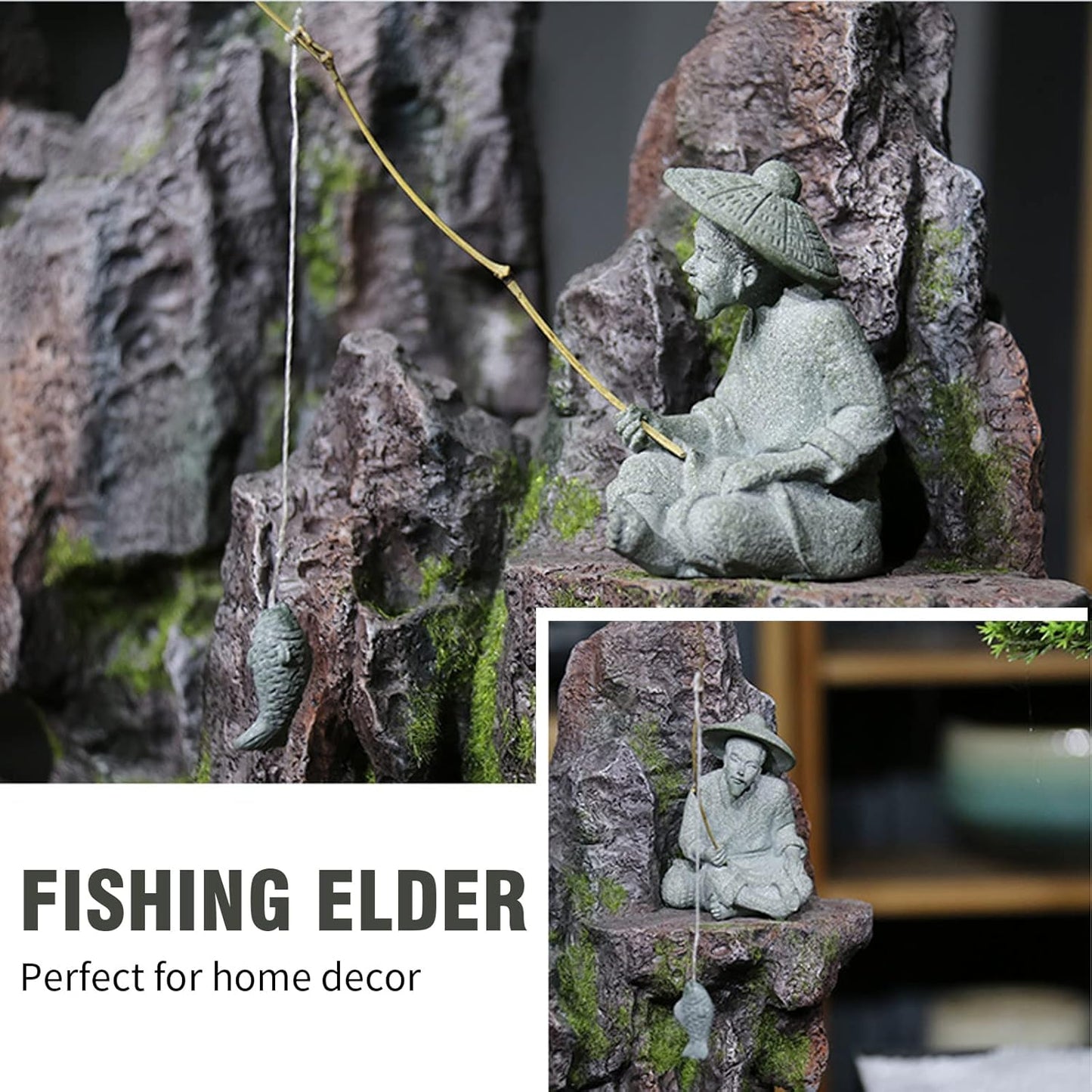 2PCS Sitting Fishing Figurines Sandstone Vintage Ornament Japanese Decor for Fish Tank Pot Garden Home Aquarium Mini Fisherman Statue Asian Zen Decoration