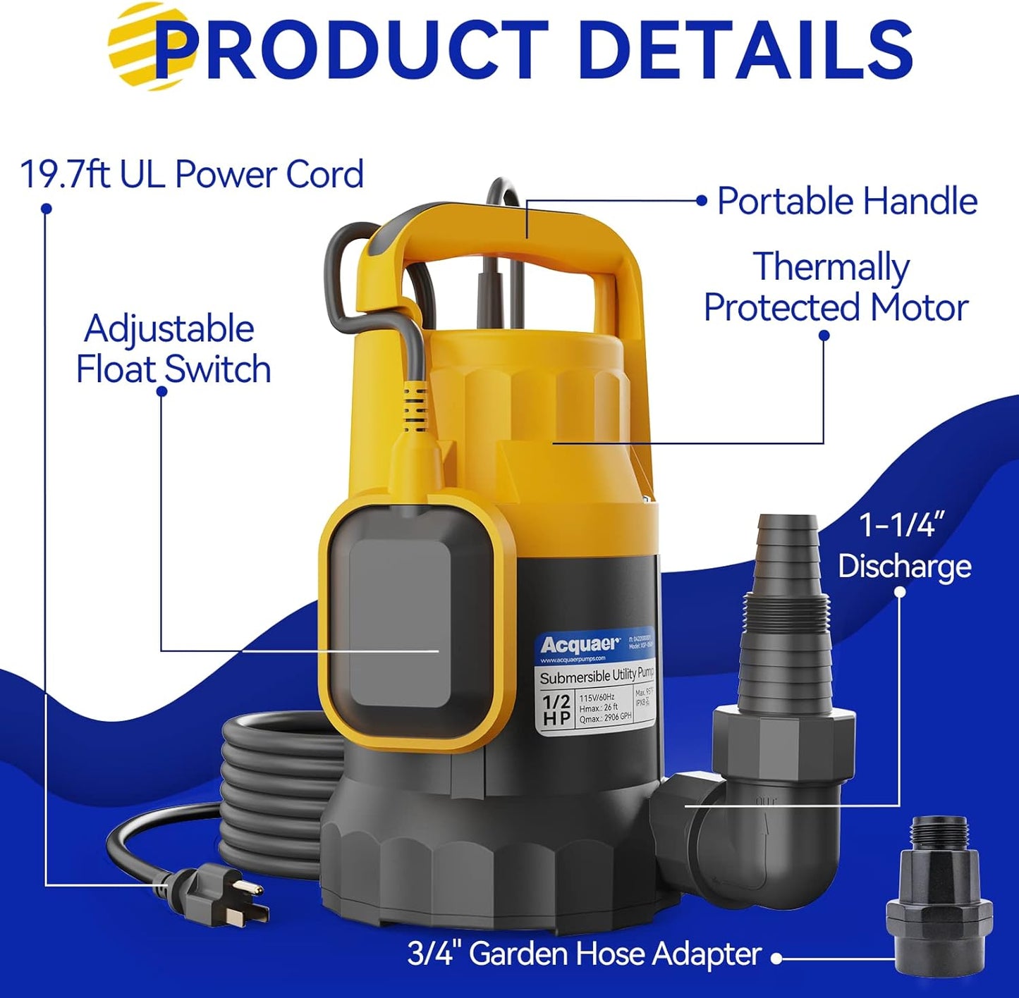 Acquaer 1/2HP Utility Pump 2906GPH Submersible Sump Pump with Automatic Float Switch, Water Removal for Hot Tub, Pools, Basements, Garden Pond