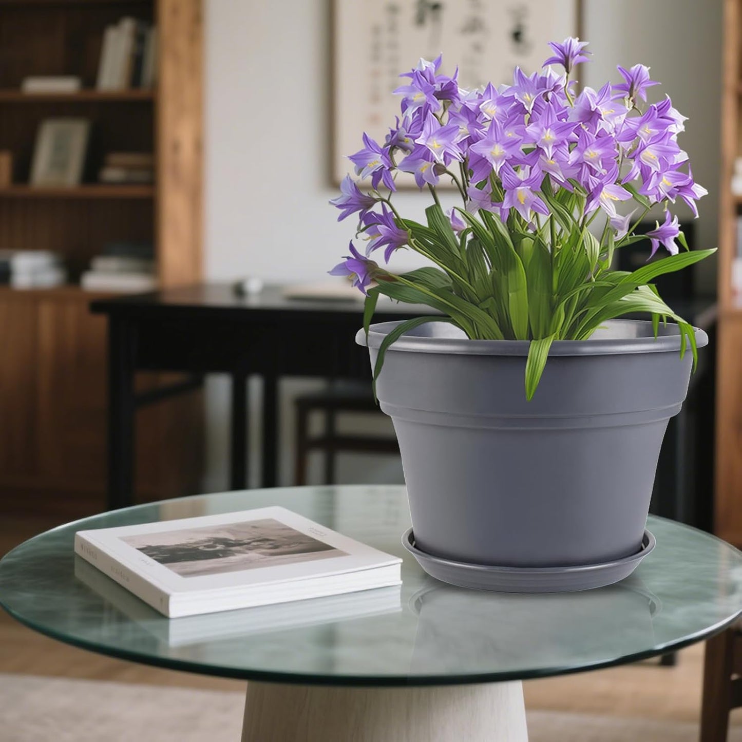 6-inch-Plant-Pots-Indoor-Outdoor, 6 Pack Plastic Planters with Drainage Holes & Saucers, Resin Flower Pots with Trays, Classic Garden Pot Container for House