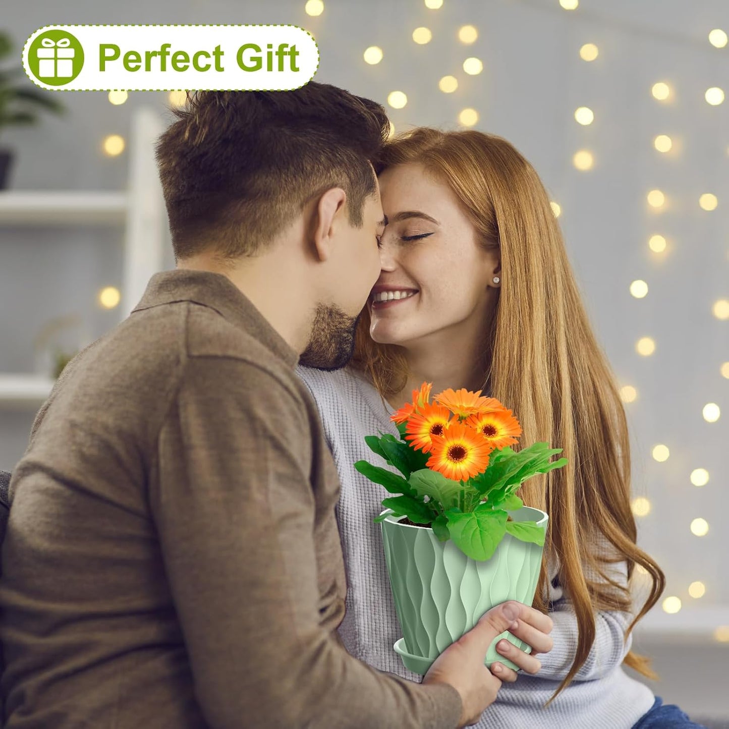 6 inch Plant Pots, 5 Set Water Ripples Flower Pots for Indoor Outdoor Plants, Plastic Planters with Drainage Holes and Saucers, Nursery Pots for Small Succulent Garden House Plants, Green