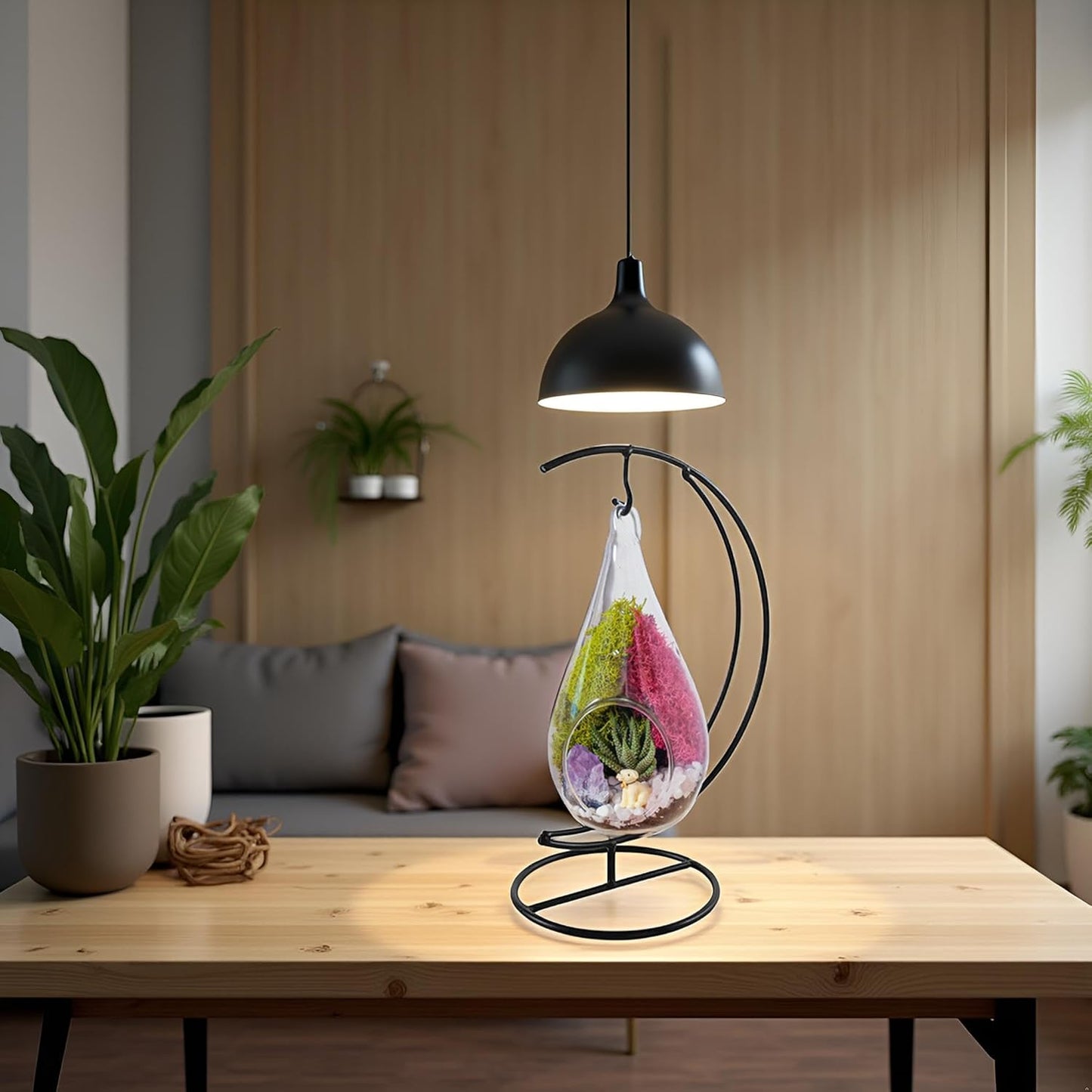 7" Teardrop Glass Succulent Terrarium Kit for Kids and Adults, Reindeer Moss, Crystal & Rocks, Tools, Figurine, Metal Hanger (Live Plant Included)