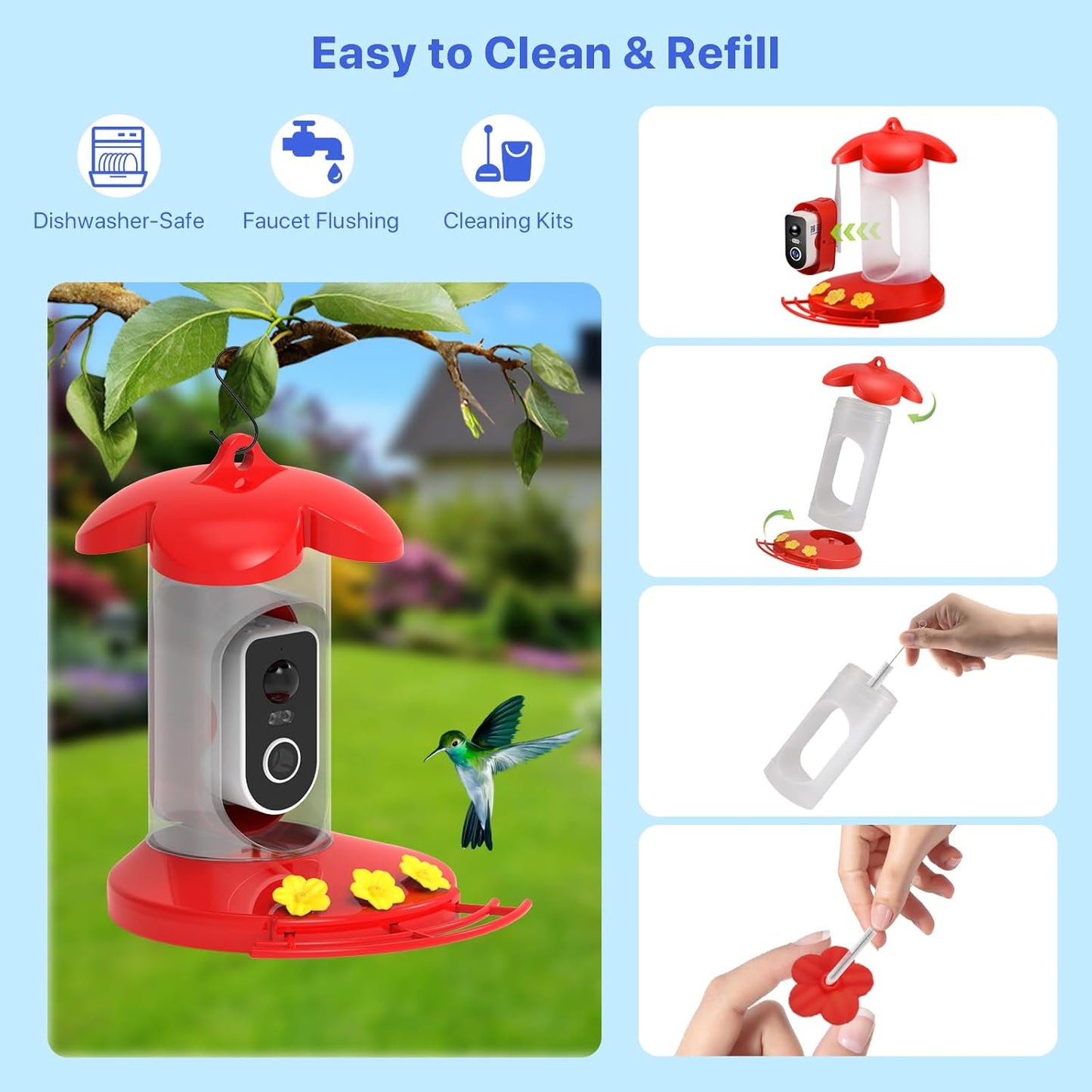 Hummingbird Feeder with Camera for Outdoor - 2K QHD Video, Instant Notifications & AI Bird Species, Ant Moat, Bee Proof, Motion Detection, 2.4G WiFi, Signal Booster, Gift for Bird Lovers (Red)