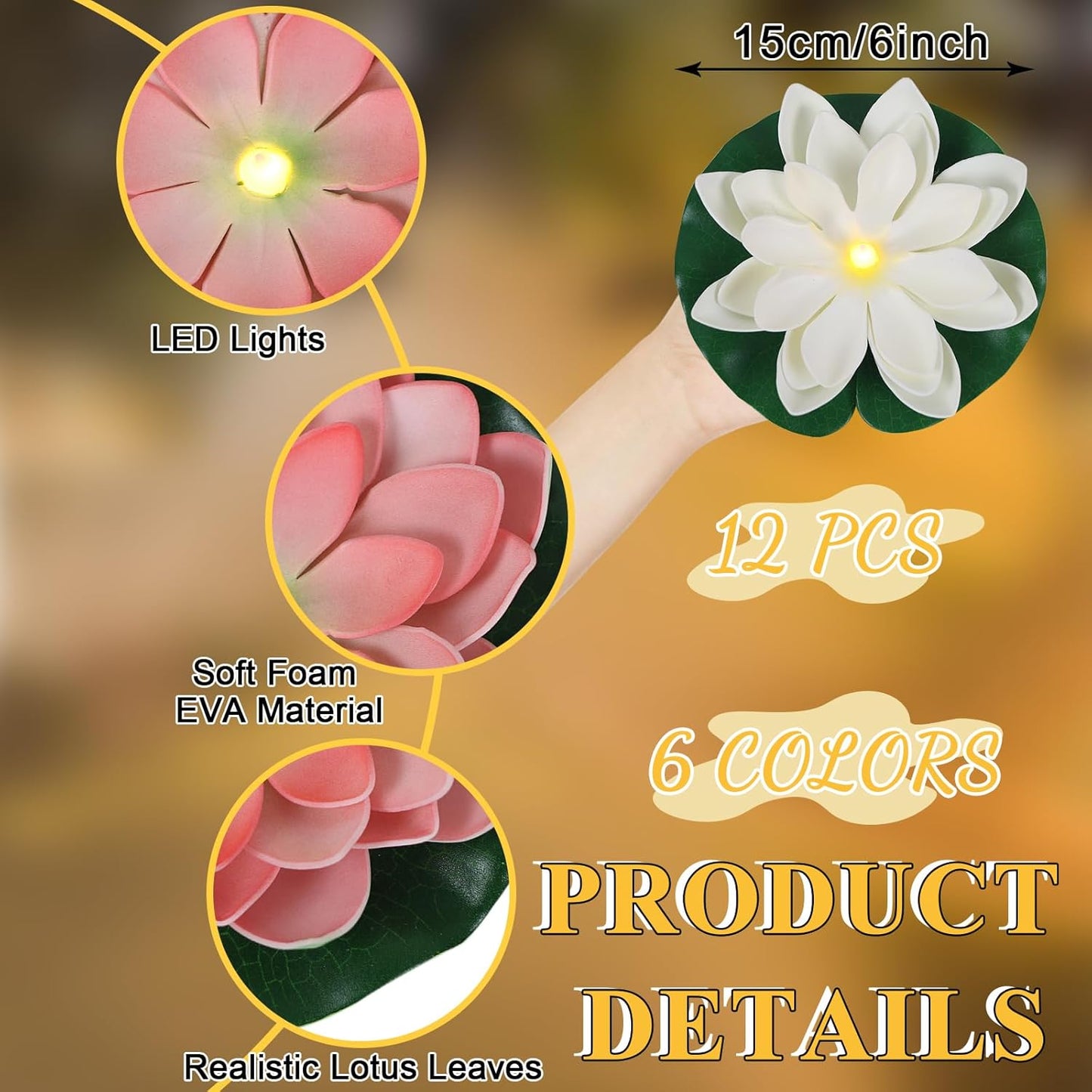 12 PCS Waterproof Floating Lotus Light - Diwali Floating Flower Light Battery Operated Water Activated Warm White Light Pool Flower Lamp Wedding,Anniversary,Garden Decoration(6 Inch, Mix-Color)