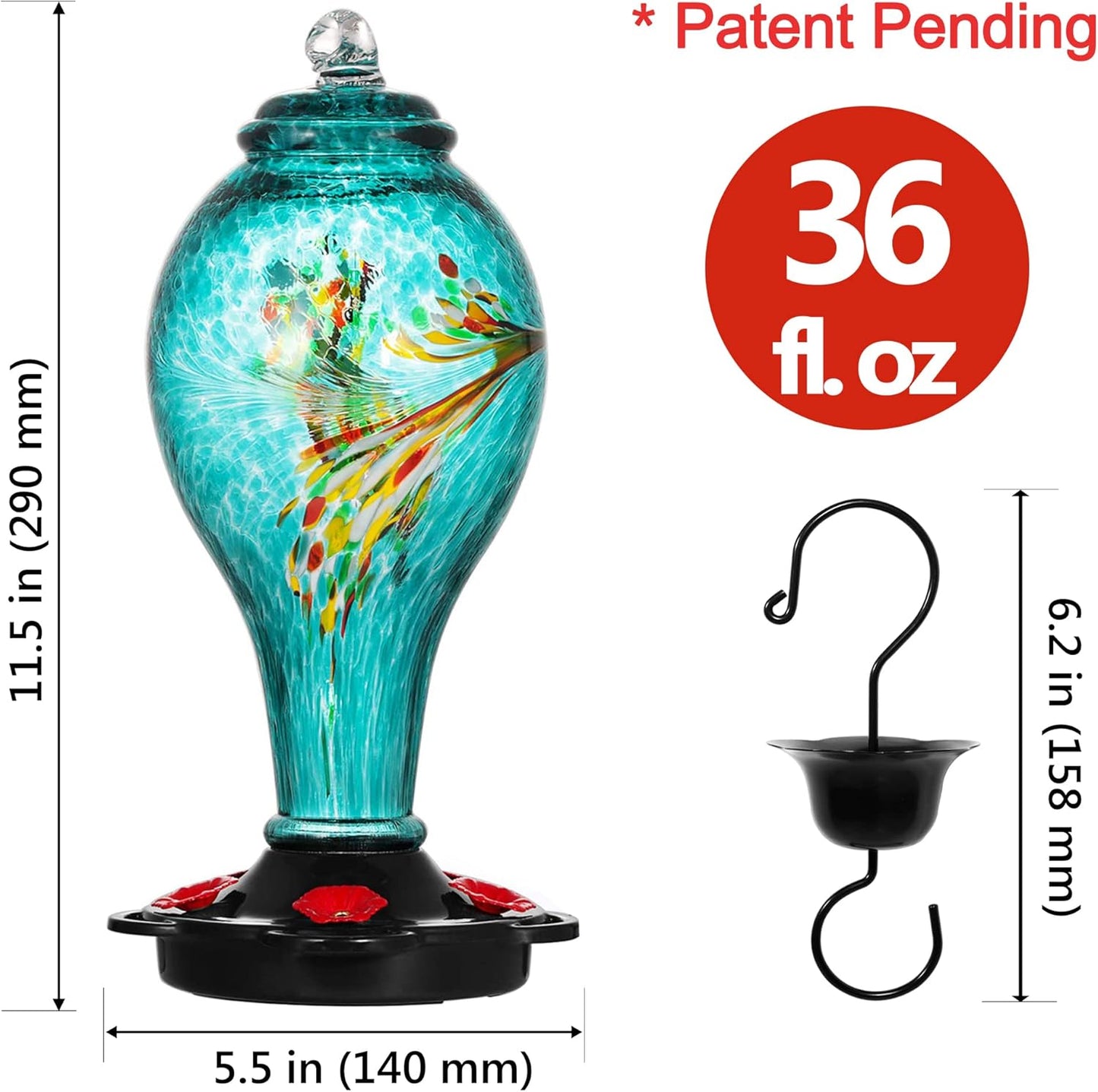 LUJII Hummingbird Feeder, Hand Blown Glass Hummingbird Feeder, Never Fade, 36 Fluid Ounces, 5 Feeding Metal Stations, Much Bigger, Garden Backyard Decorative, Containing Ant Moat (Blue)