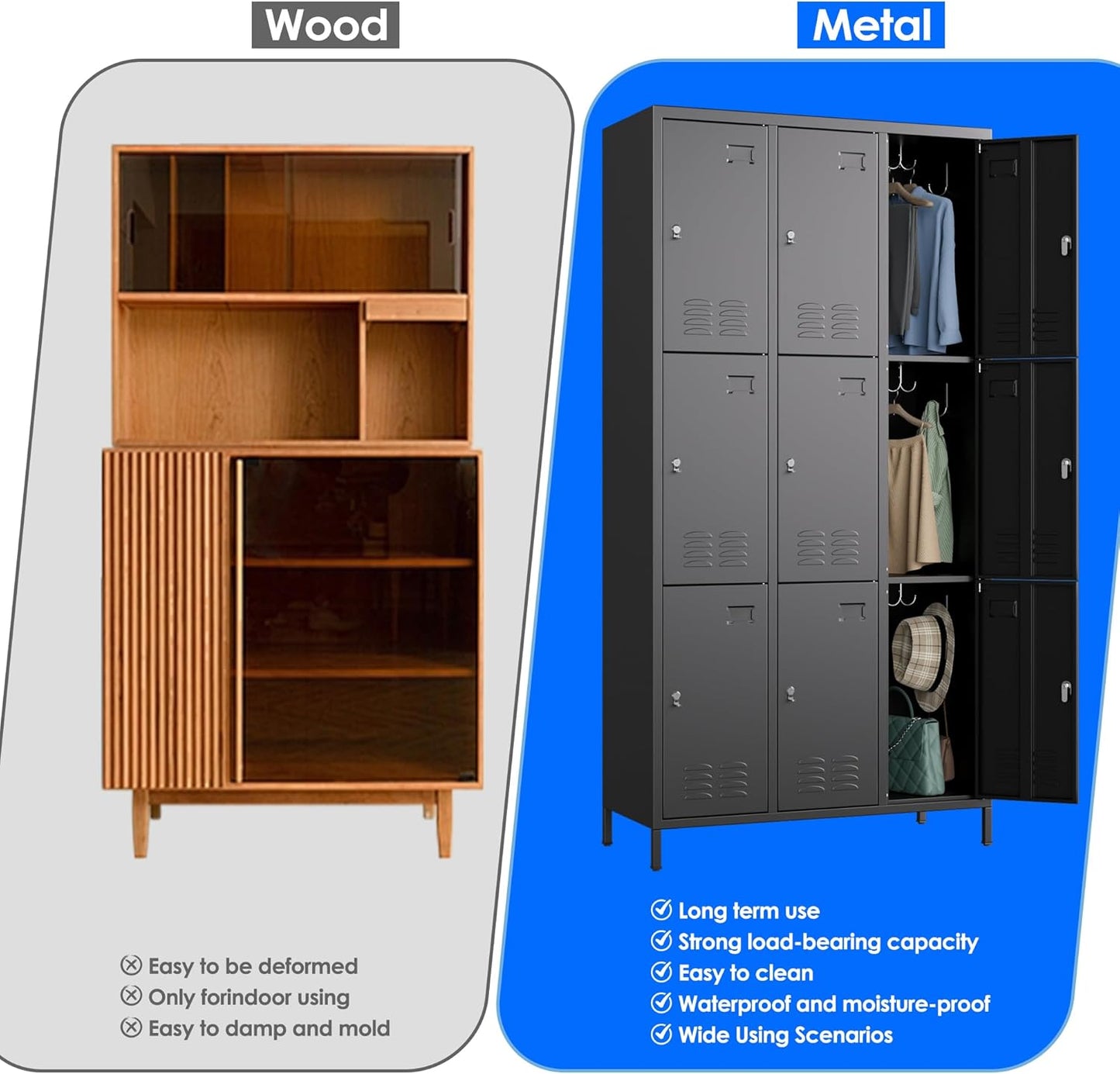 9 Doors Metal Locker for Employees with 27 Hooks and Business Card Holder,Metal Locker with Ventilation Holes for School Garage Office Gym Home,Assembly Required,Black