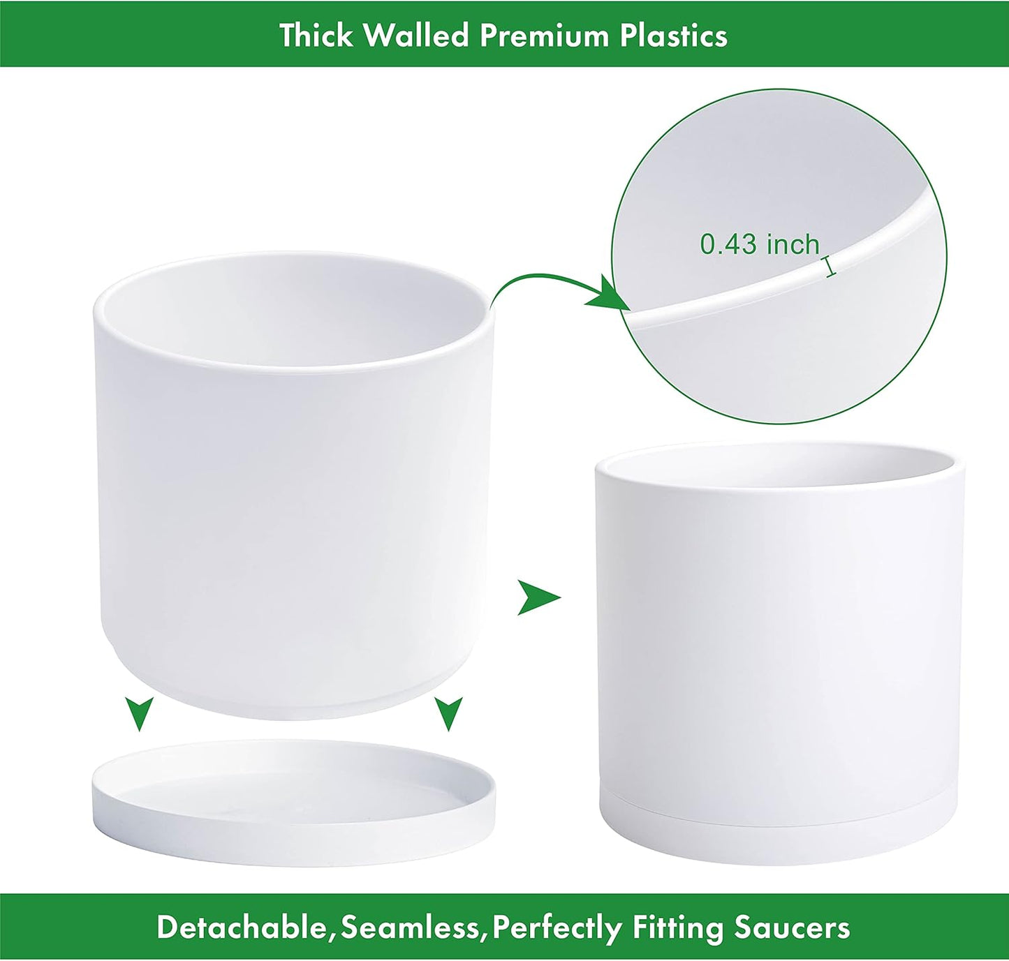 D'vine Dev 2 Pack 14 Inch Modern Plastic Plant Pots, Small Garden Planters for Plant with Drainage Holes and Saucers, White Color, 74-Z-Q-1