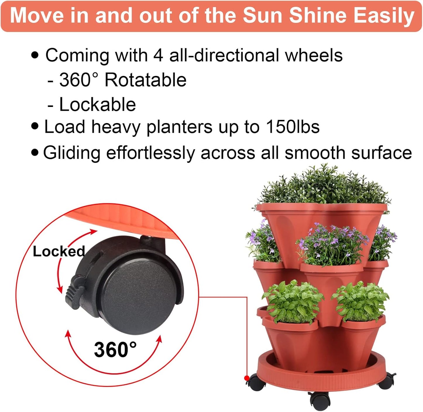 Vertical Planter 3 Tier Stackable Planters Garden Planters Strawberry Herb Flower and Vegetable Planter Indoor Outdoor Gardening Pots with Removable Wheels and Tools