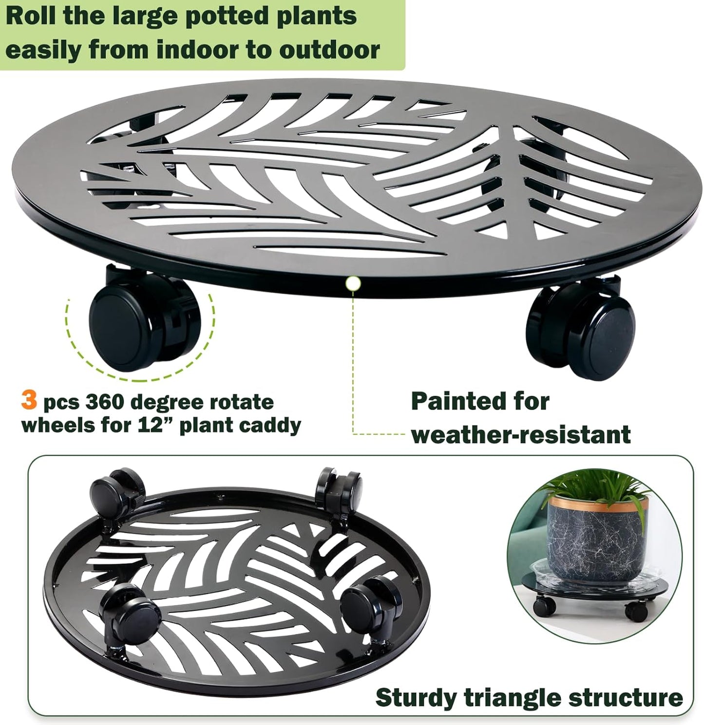 3 Packs 13 inches Large Metal Plant Caddy with PU Wheels Heav-duty Rolling Plant Stands Indoor Outdoor Wheeled Plant Dolly Coasters Flower Pot Mover Rollers Plant Trolley Cart, Plant Saucers Included