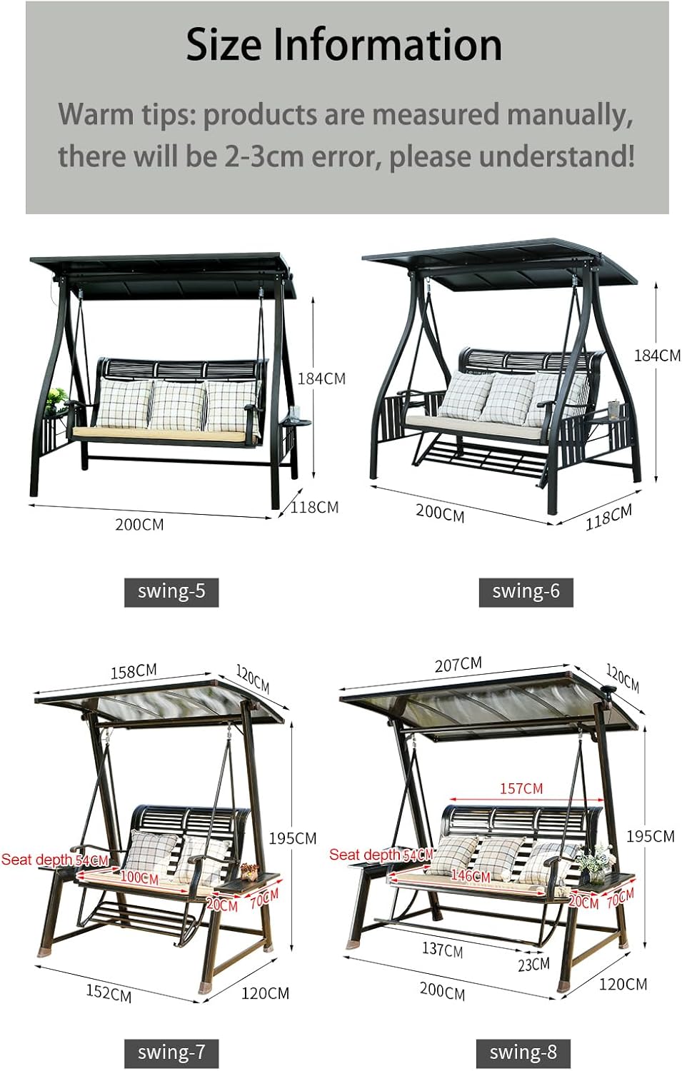 2/3-Seat Outdoor Patio Porch Swing with Adjustable Aluminum Alloy Canopy Solar Patio Swing Chair Bench with Footrest Side Cup Holder for Backyard Lawn (Heart of Ocean-3 Seat)