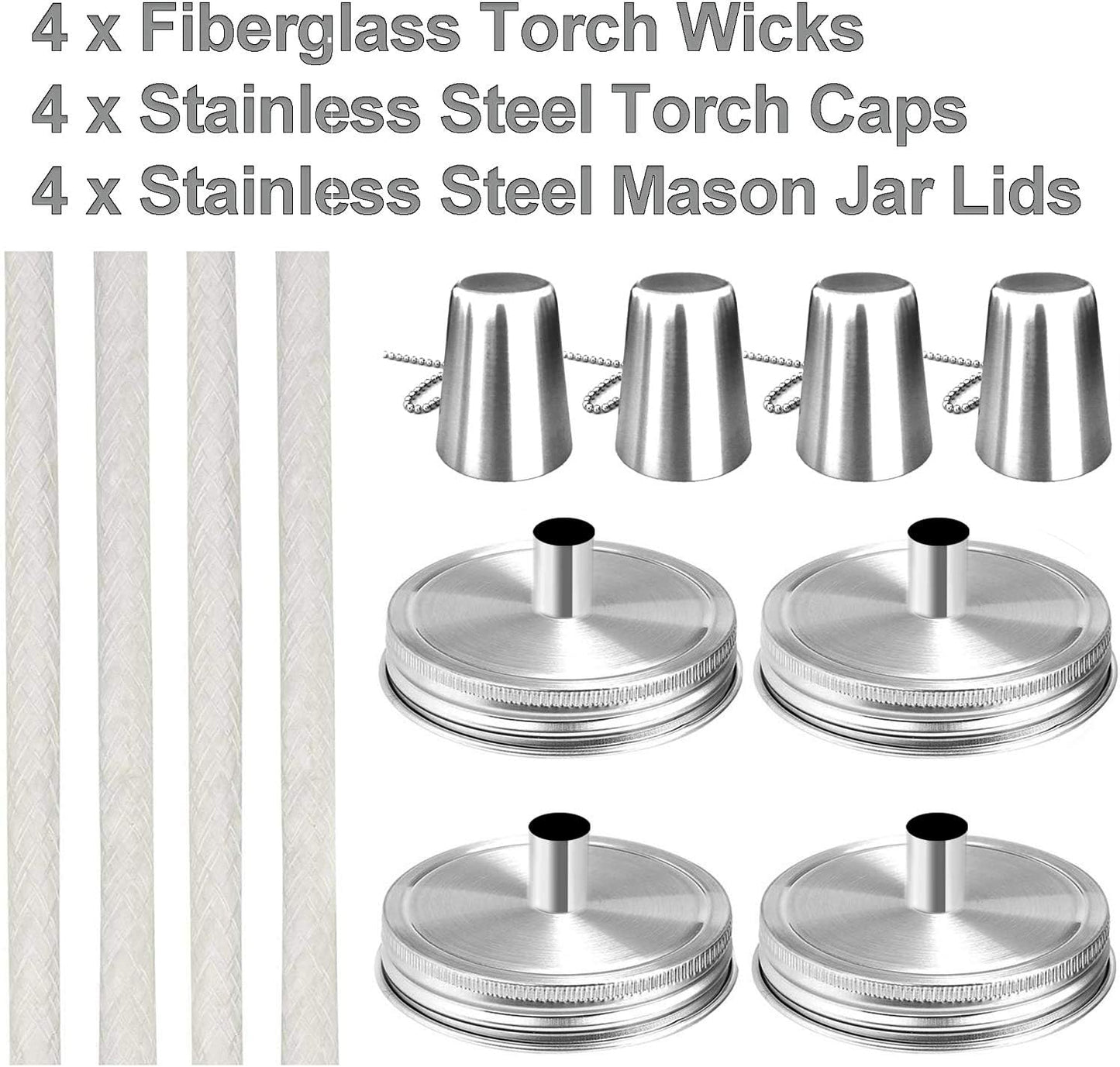 Mason Jar Tabletop Torch Kits,4 Pack Longlife Fiberglass Wicks,Stainless Steel Mason Jar Lids Caps Included,Outdoor Deck Oil Lamp Torch