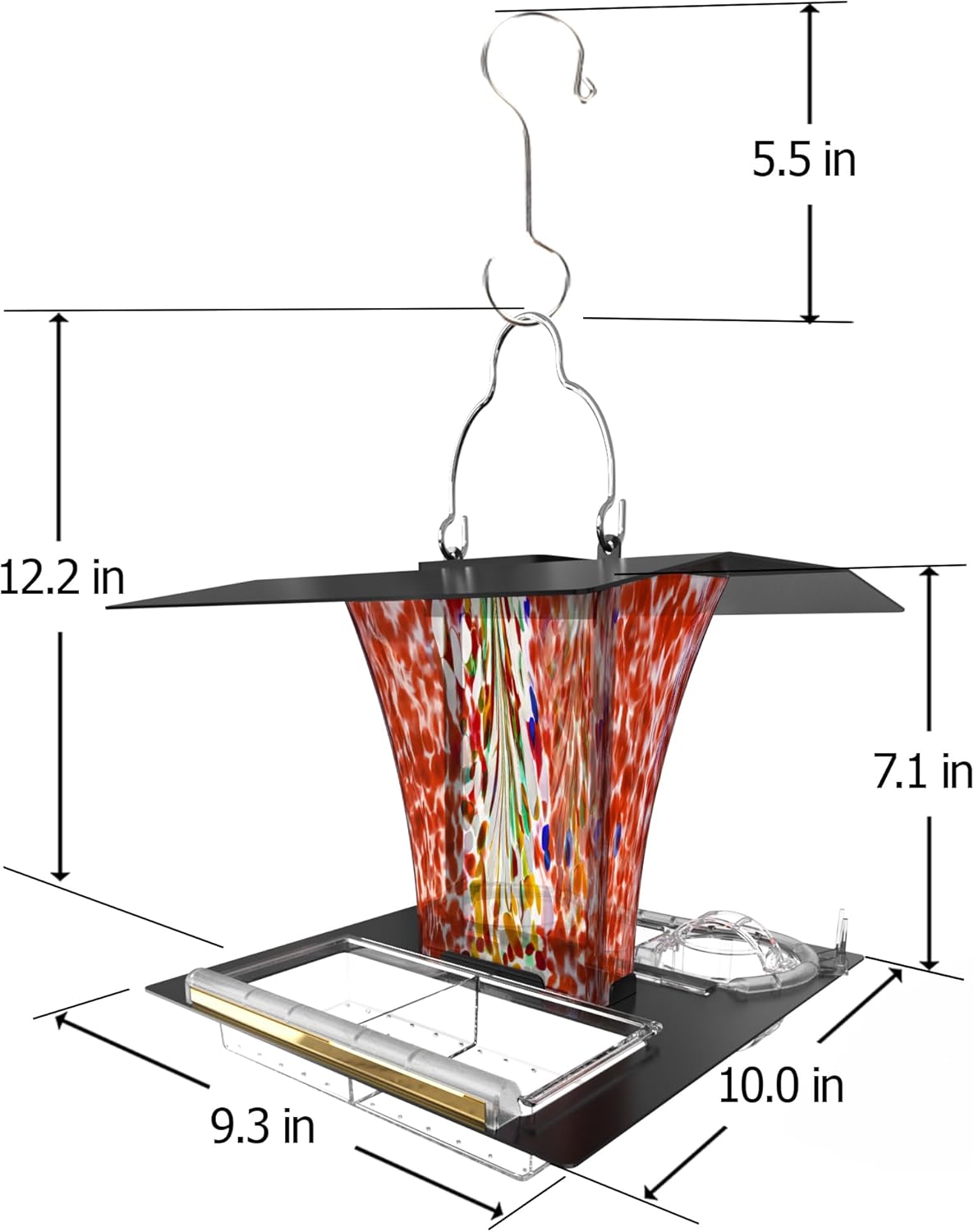 LUJII 6-in-1 Solar Bird Feeder with RGB String Lights, Hand Blown Glass, 2 Removable Trays for Bird Seed, Suet Ball, Mealworm, Oriole Orange Fruit, Jelly or Water, Red