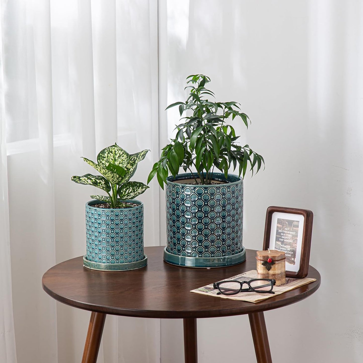 8 Inch Plant Pot: Ceramic Planter with Drainage Hole & Saucer Indoor Outdoor Plants - Cylinder Round Flower Pot for Home Office - Modern Decorative - Medium Blue