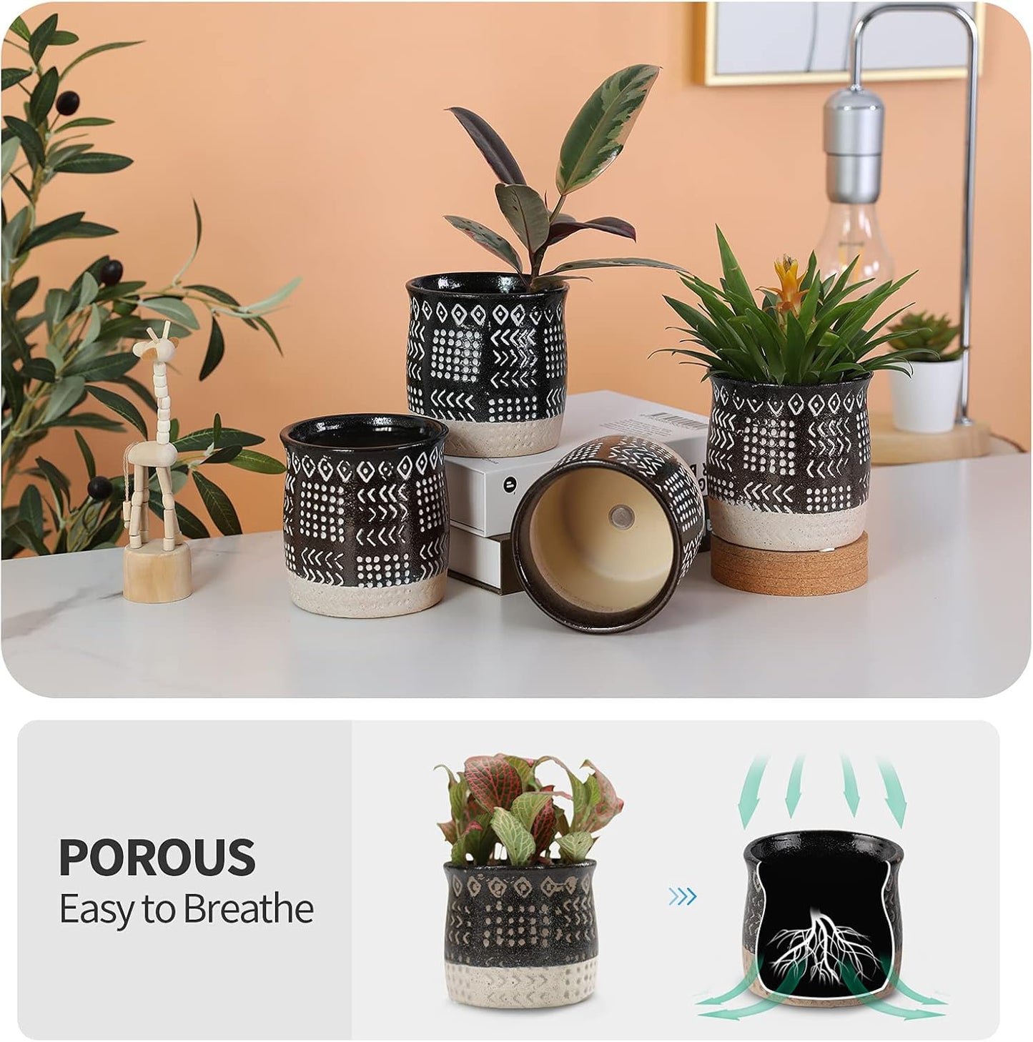 OMAYKEY 4 Inch Ceramic Plant Pot with Tray, Retro Black Small Planters Pots with Drainage Hole & Mesh Pads for Succulent, Indoor Flowers, Snake Plants, Cactus, Herbs, Aloes - 4 Packs
