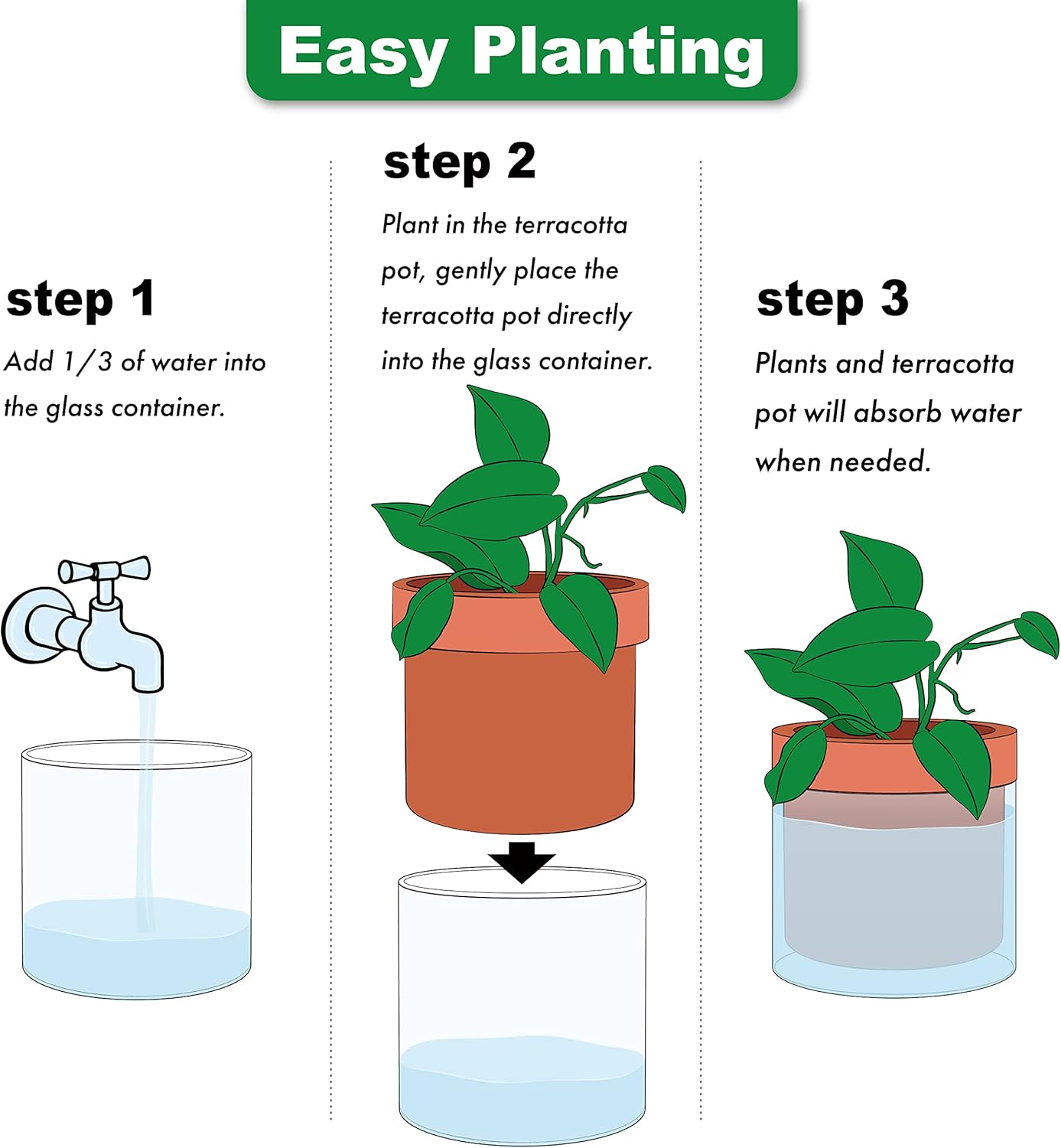 Phoenix Vine 6 Inch Self Watering Planter Pot, Terracotta Clay Pot with Glass Reservoir for Indoor Plants, Herbs, Flowers, Set of 1, 52-A-F-1