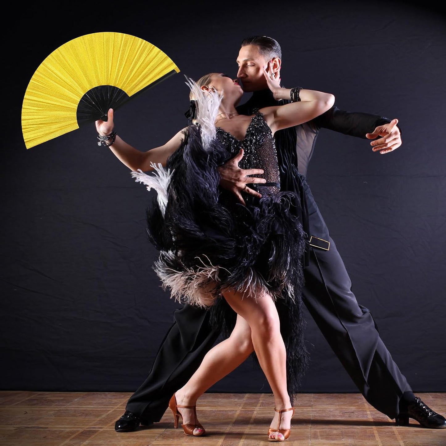 Maitys 2 Packs Large Clap Fans for Line Dancing Large Chinese Folding Hand Fans for Men and Women, Festival, Tai Ji, Kungfu, Martial Art, Gifts (Glitter Yellow and Blue)