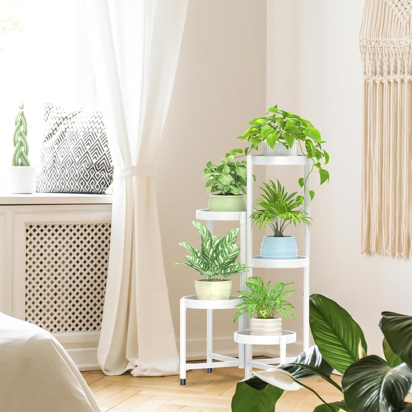 iDavosic.ly Plant Stand Indoor Outdoor, 5 Tier Corner Metal Flower Display Holder Shelf, Folding Tall Orchid Rack for Patio Balcony Porch Garden Living Room House, White