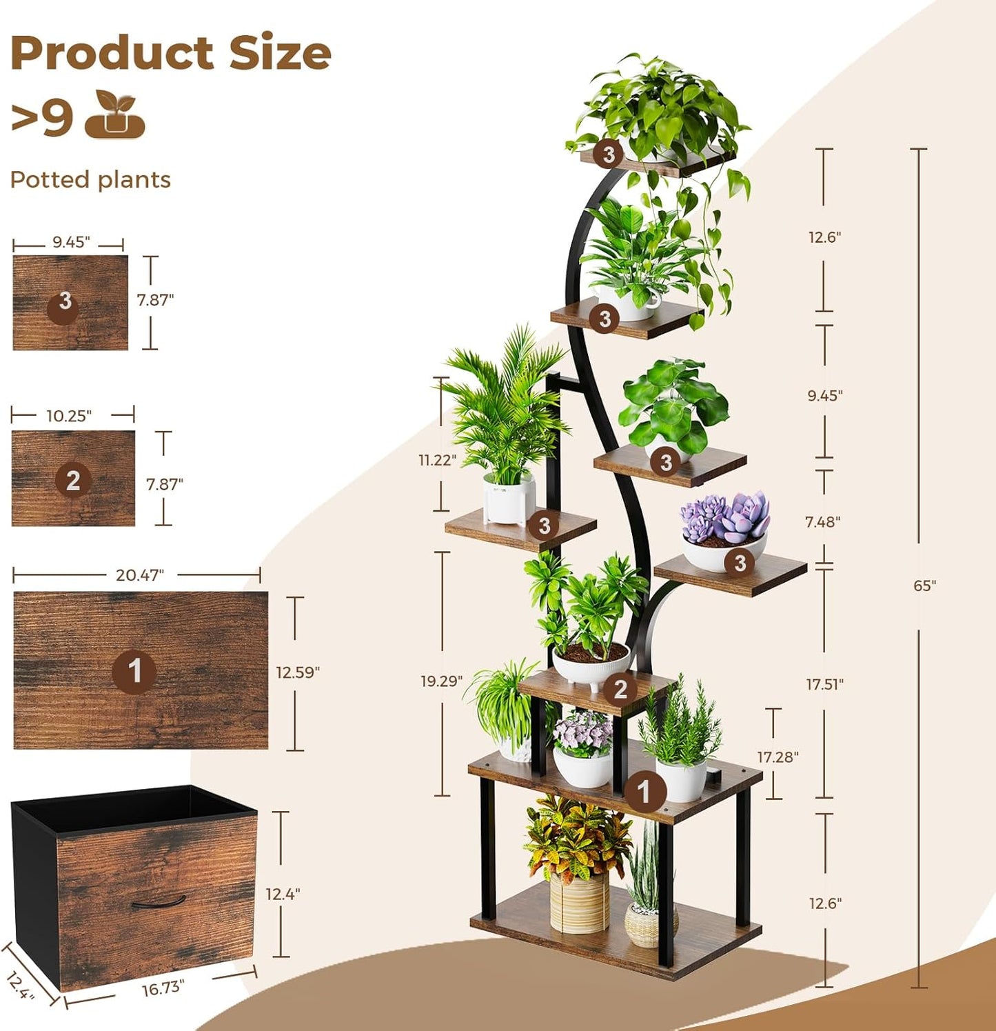 Plant Stand Indoor with Grow Lights - 8 Tiered Lighted Plant Shelf Indoor with Drawer, 65" Large Plant Stand for Indoor Plants Multiple, Metal Tall Plant Flower Holder for Home, Living Room, Patio
